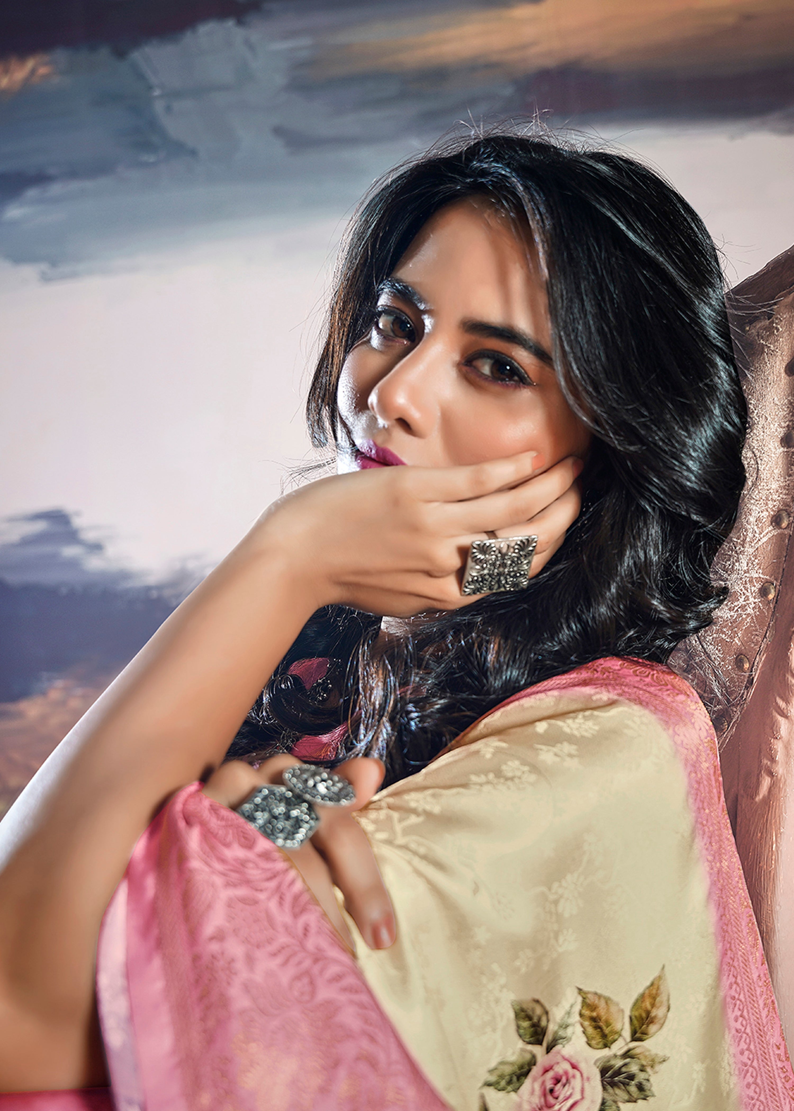 Pink and Cream Saree With Jacquard Woven Work With Digital Print
