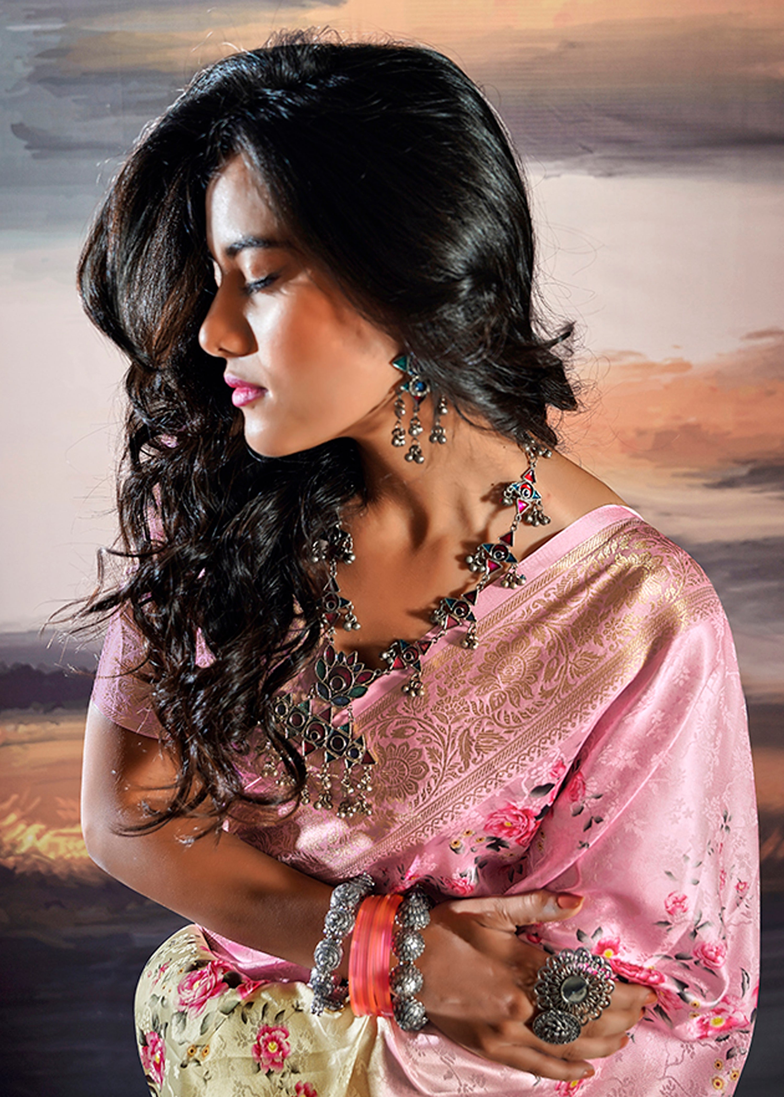 Pink and Cream Saree With Jacquard Woven Work With Digital Print