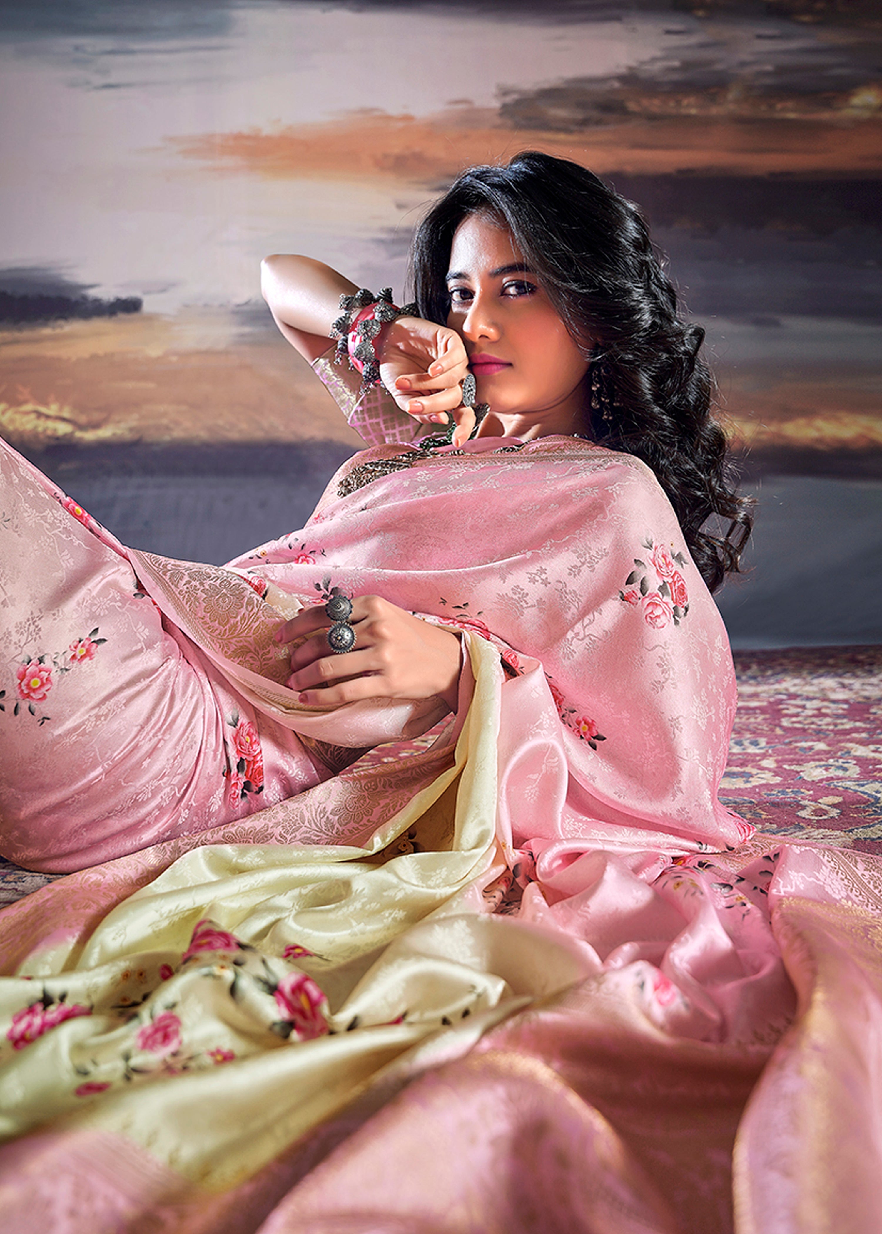 Pink and Cream Saree With Jacquard Woven Work With Digital Print