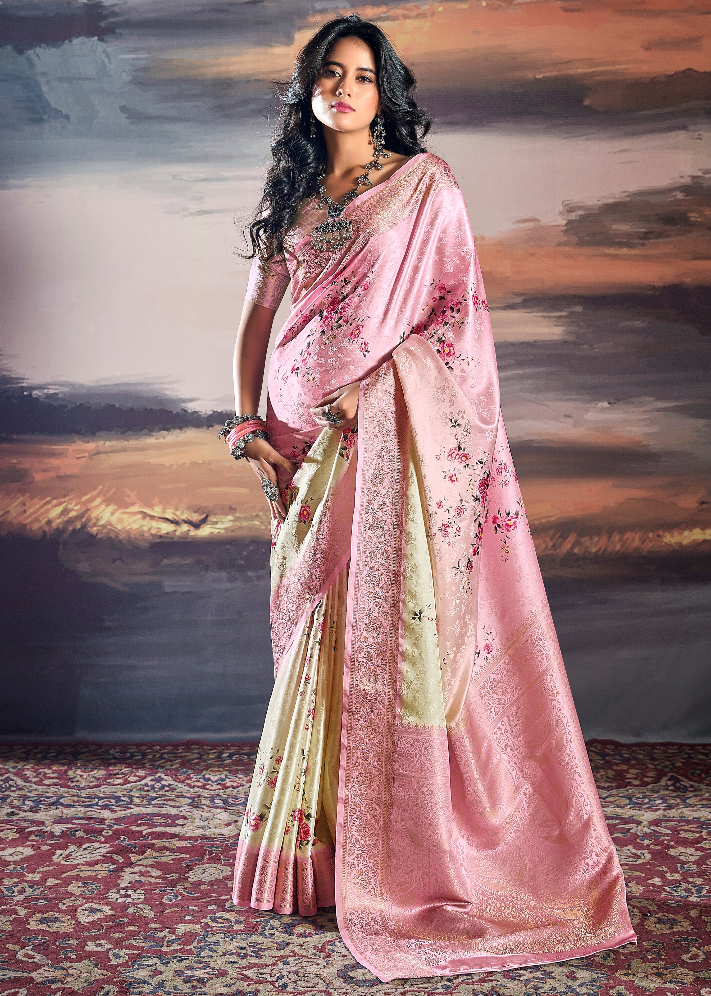 Pink and Cream Saree With Jacquard Woven Work With Digital Print