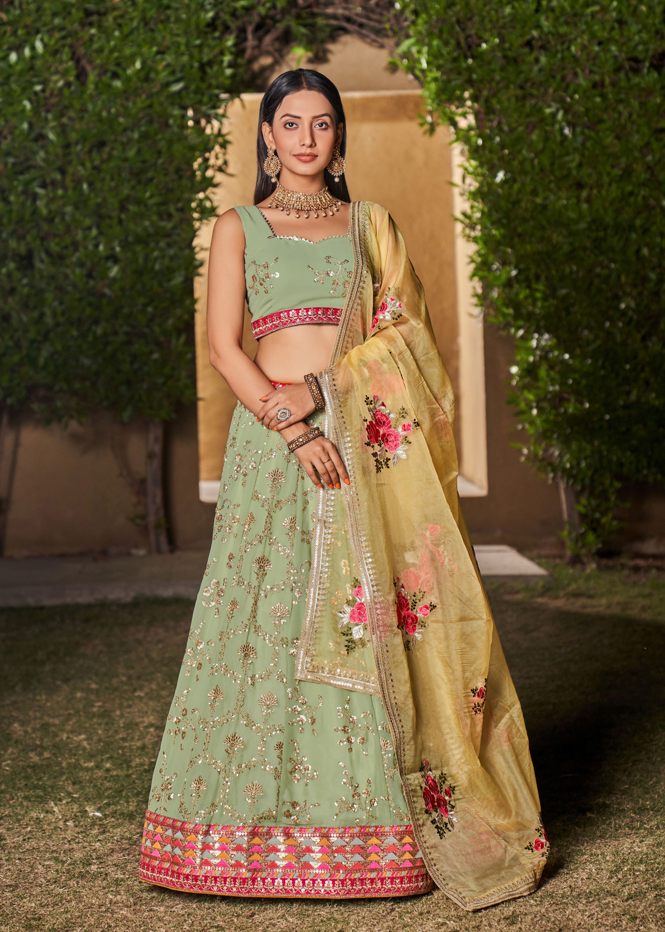 Pista-Yellow Lehenga Choli With Sequins, Zari, Thread And Dori Work Embroidery With Digital Print