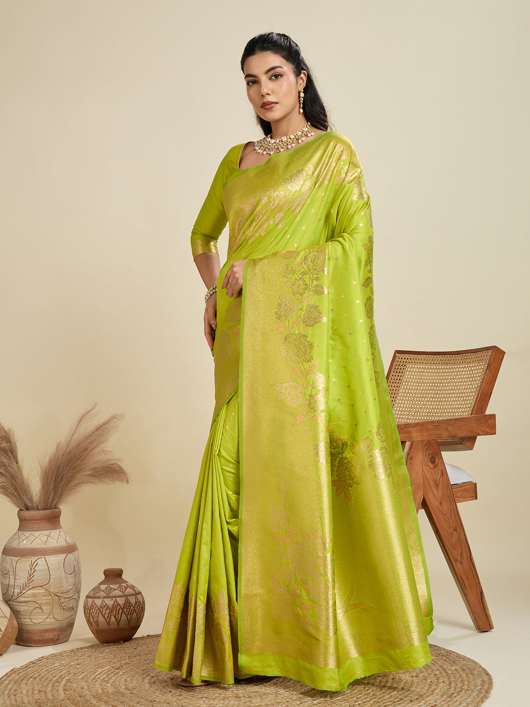 Pista Banarasi Silk Saree with Butti and Floral Border