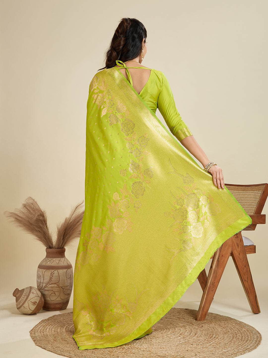 Pista Banarasi Silk Saree with Butti and Floral Border