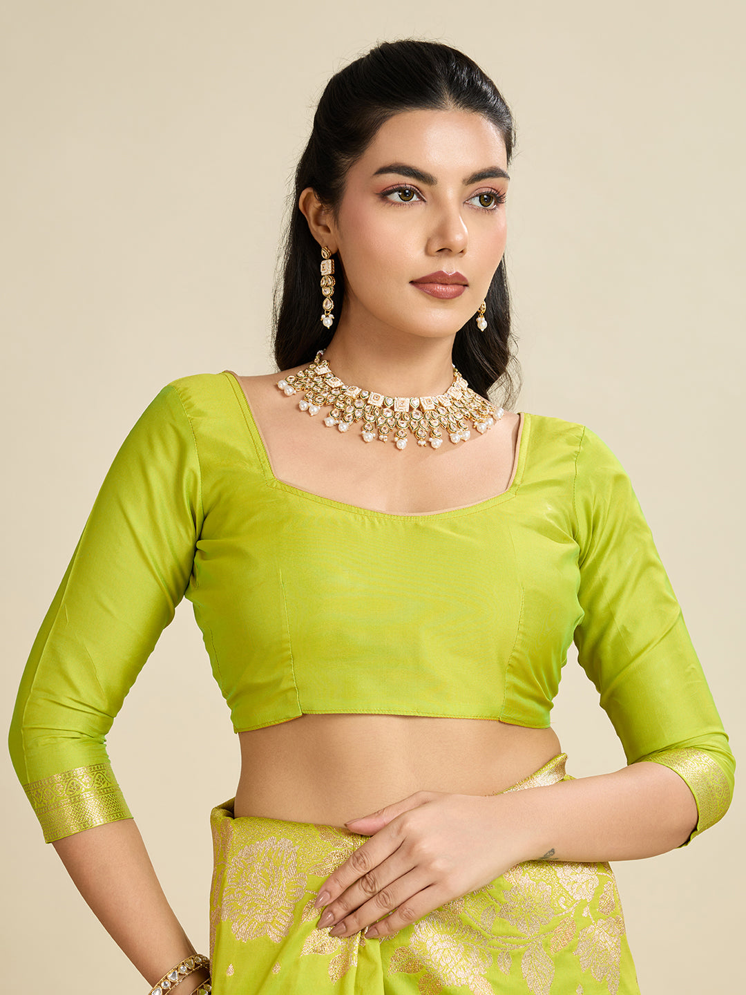 Pista Banarasi Silk Saree with Butti and Floral Border