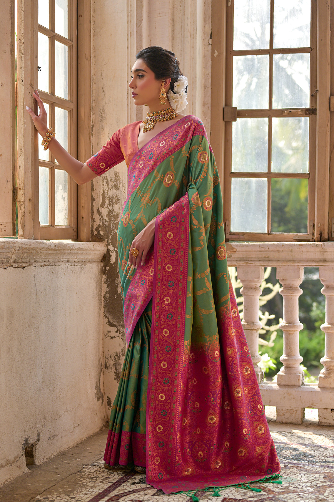 Pista Banarasi Silk Saree with Floral Jal and Contrast Pallu