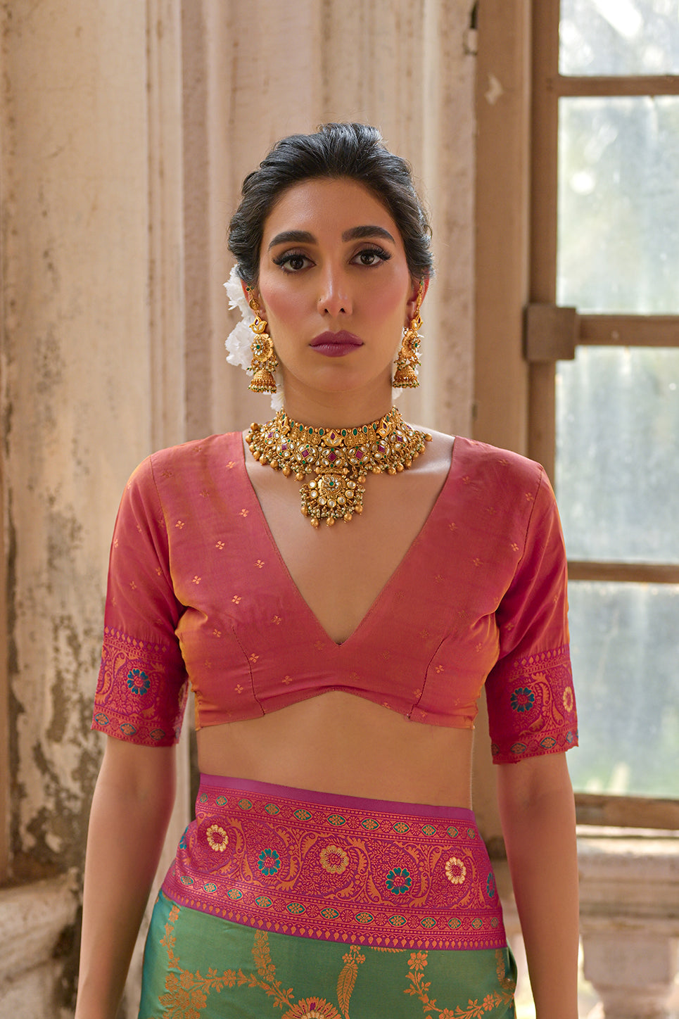 Pista Banarasi Silk Saree with Floral Jal and Contrast Pallu
