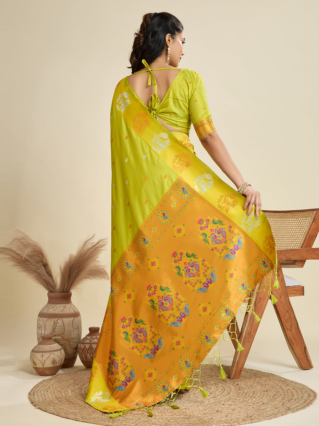 Pista Banarasi Silk Saree with Silver Butti and Paithani Pallu