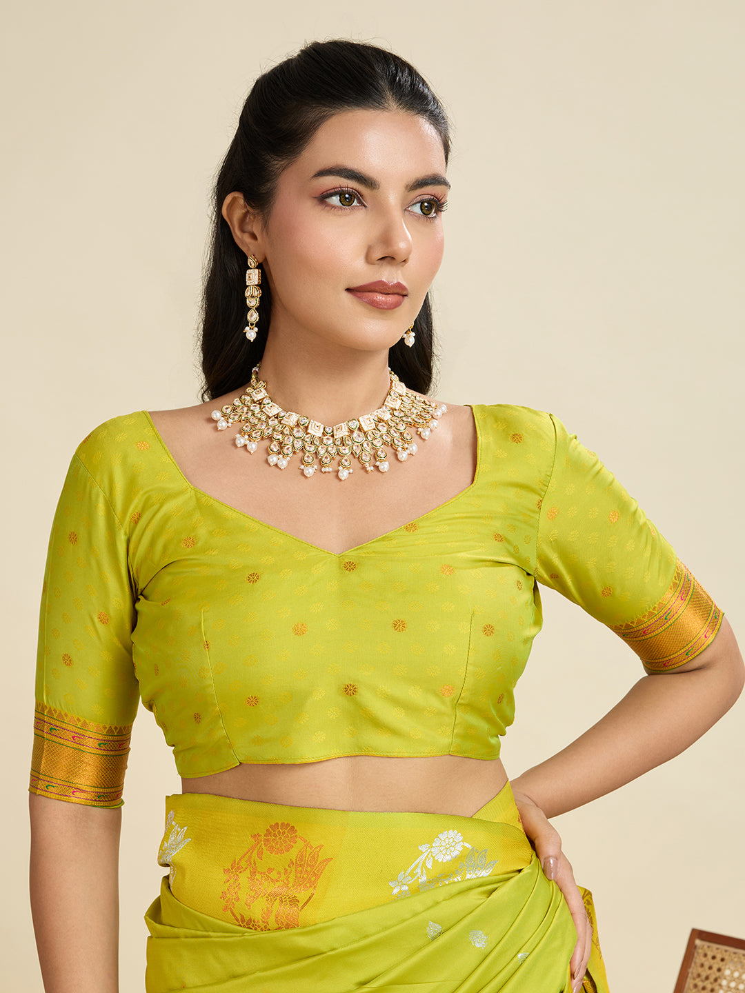 Pista Banarasi Silk Saree with Silver Butti and Paithani Pallu