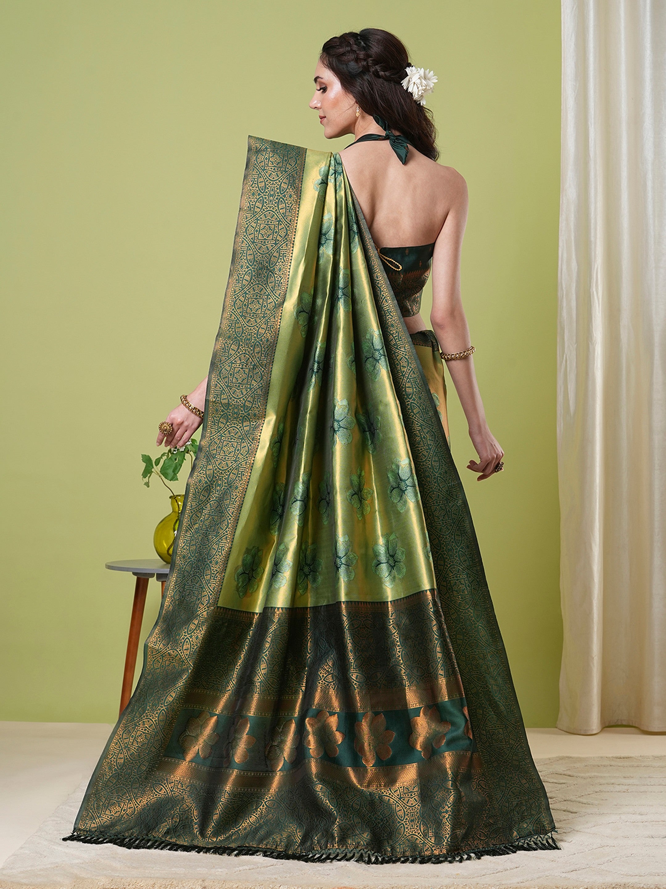Pista Banarasi Silk Woven Jacquard Designer Partywear Saree