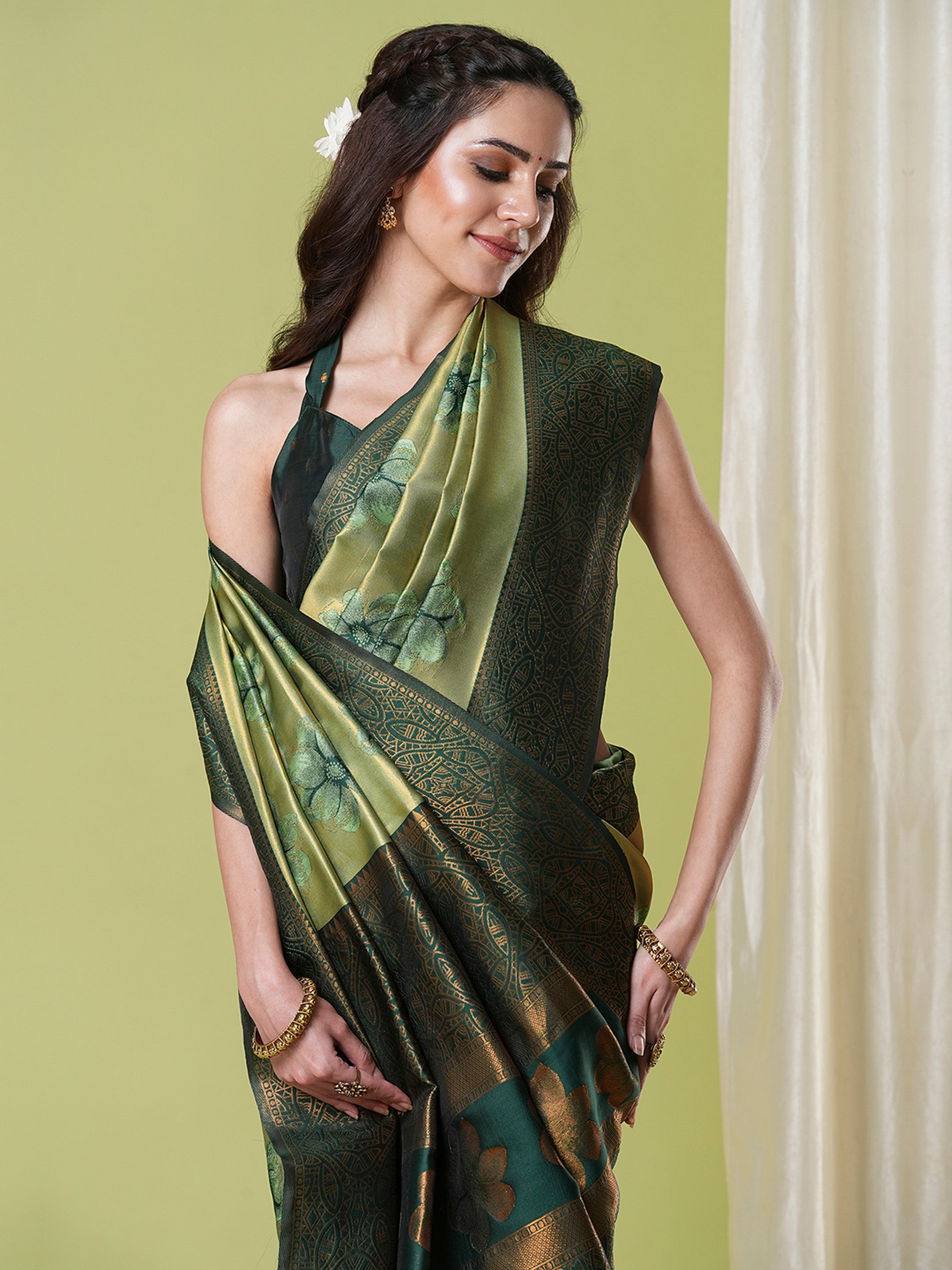 Pista Banarasi Silk Woven Jacquard Designer Partywear Saree