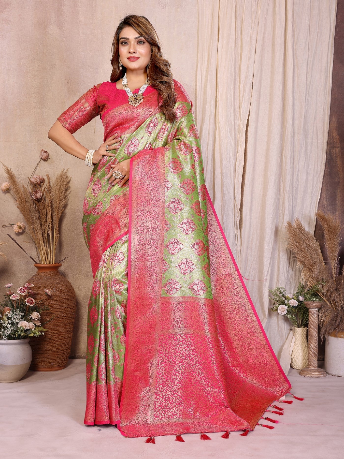 Pista Banarasi Tissue Silk Saree With Traditional Weaving