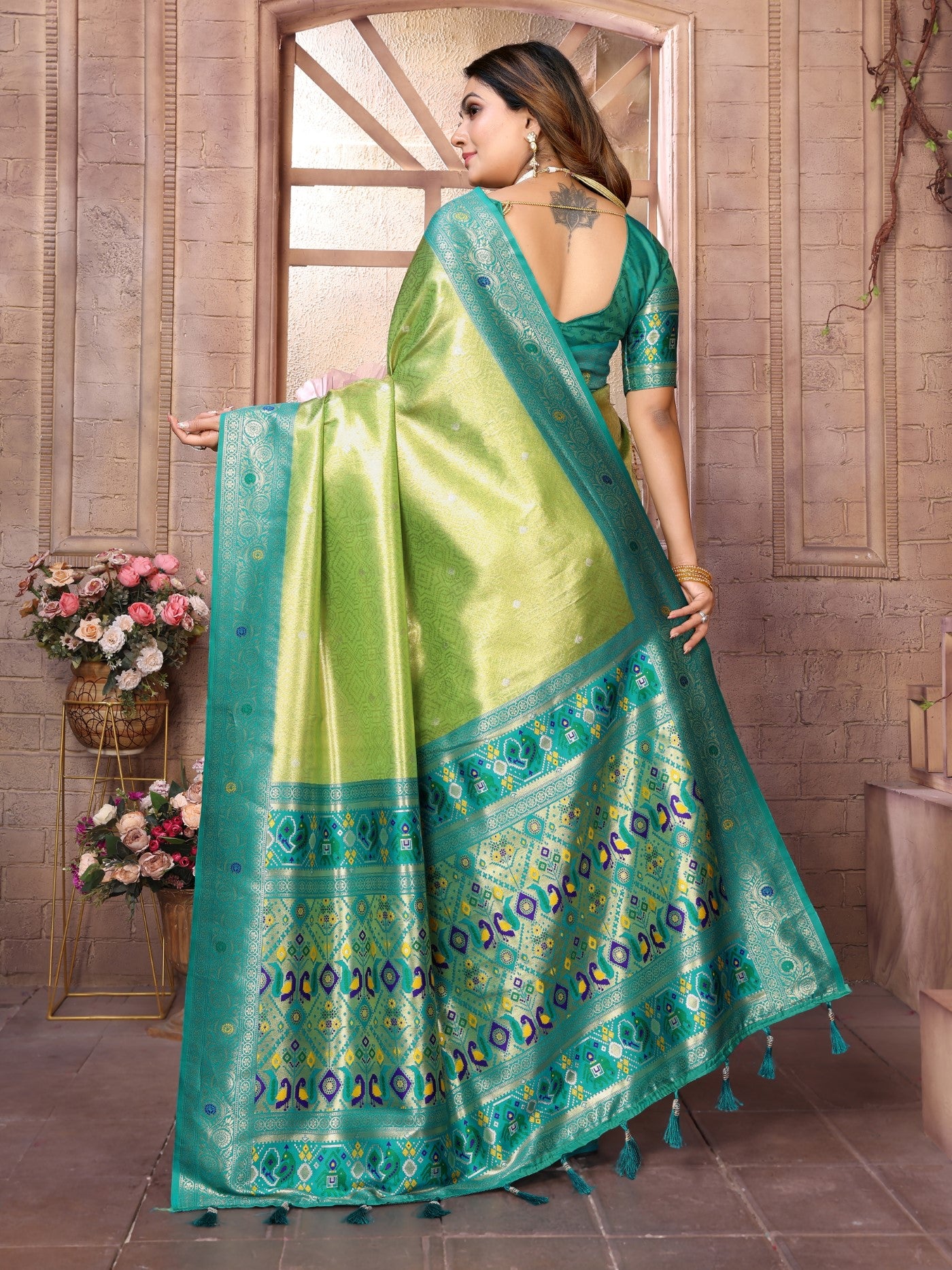 Pista Banarasi Tissue Silk Saree With Traditional Weaving