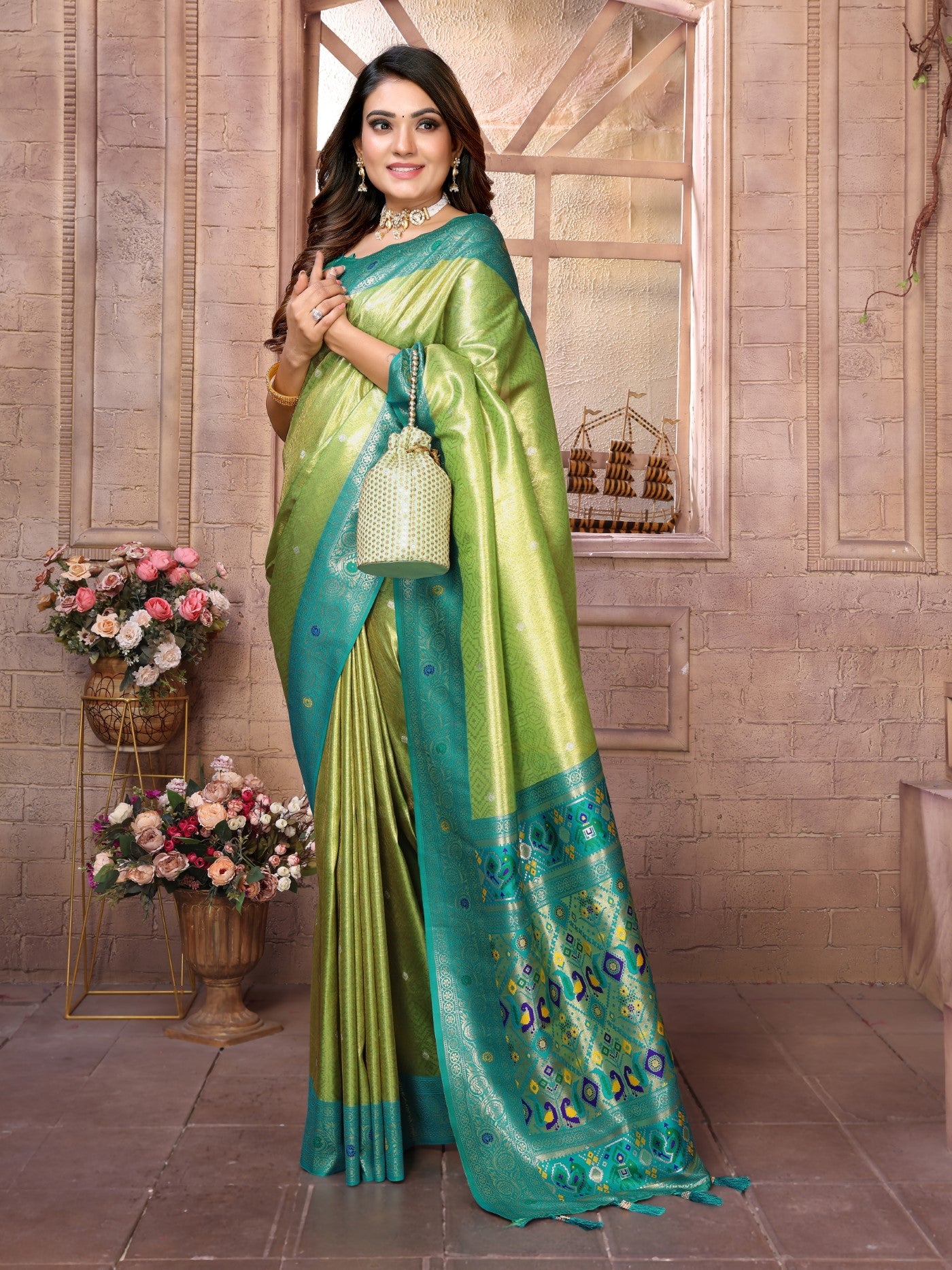 Pista Banarasi Tissue Silk Saree With Traditional Weaving