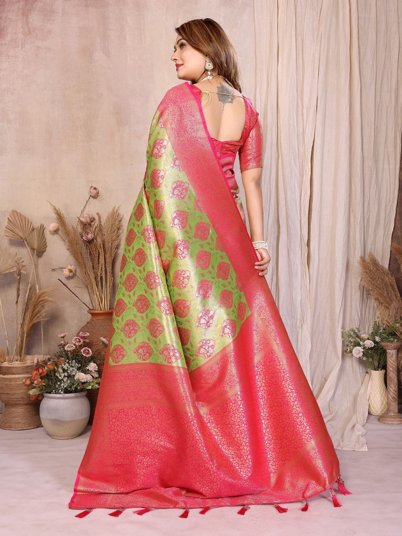 Pista Banarasi Tissue Silk Saree With Traditional Weaving