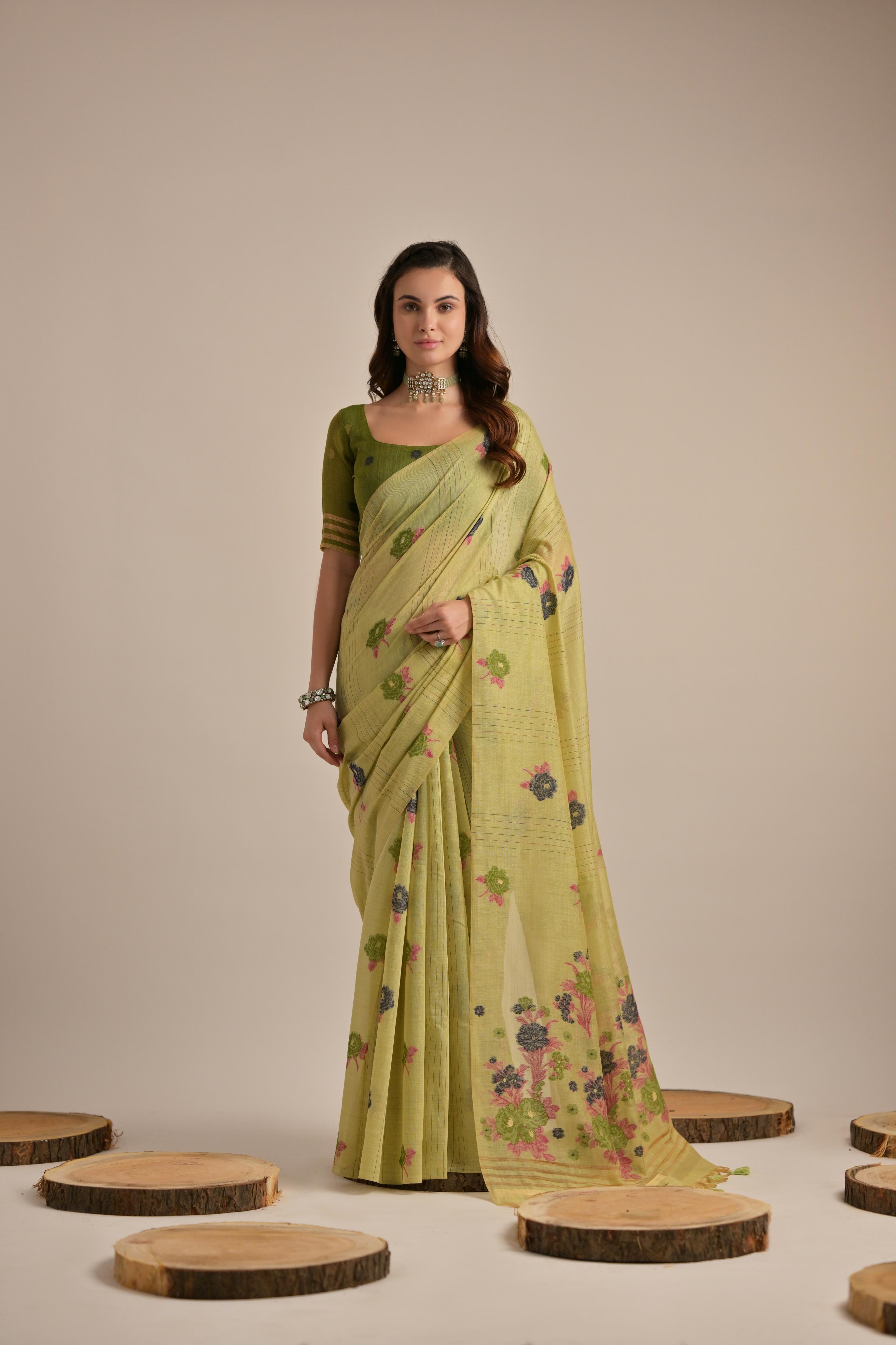 Pista Beautiful Girly Looks Multy Floral Weaving Designer Muga Cotton Saree