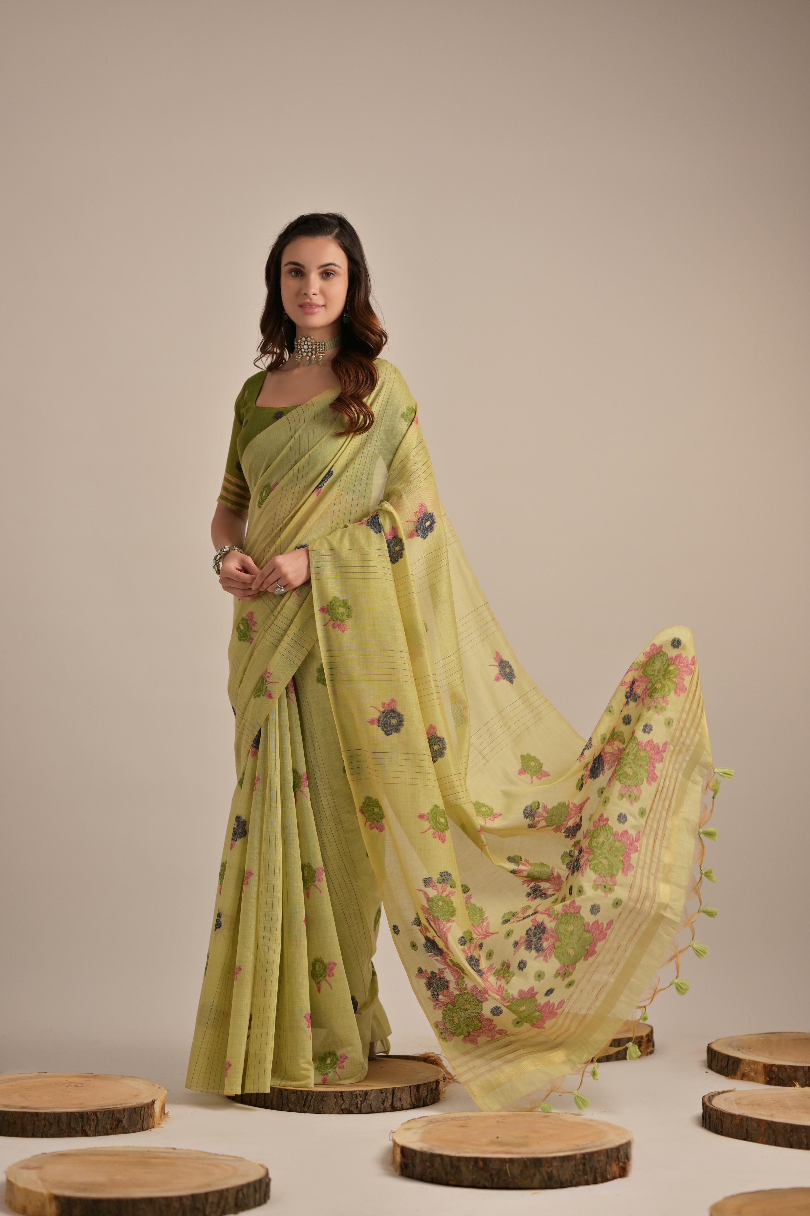 Pista Beautiful Girly Looks Multy Floral Weaving Designer Muga Cotton Saree