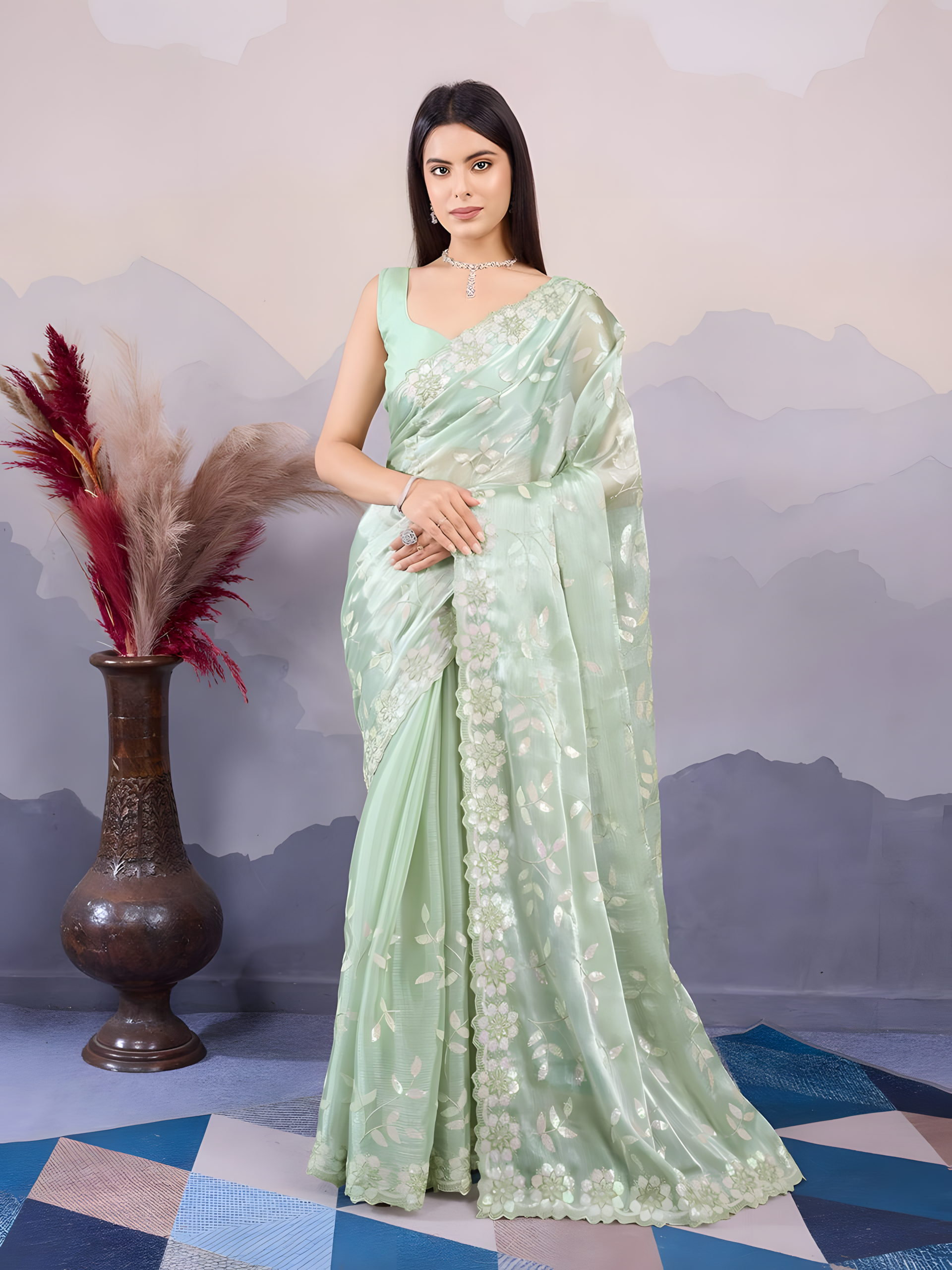 Pista Burberry Silk Saree with C Pallu Embroidery with sequins Work