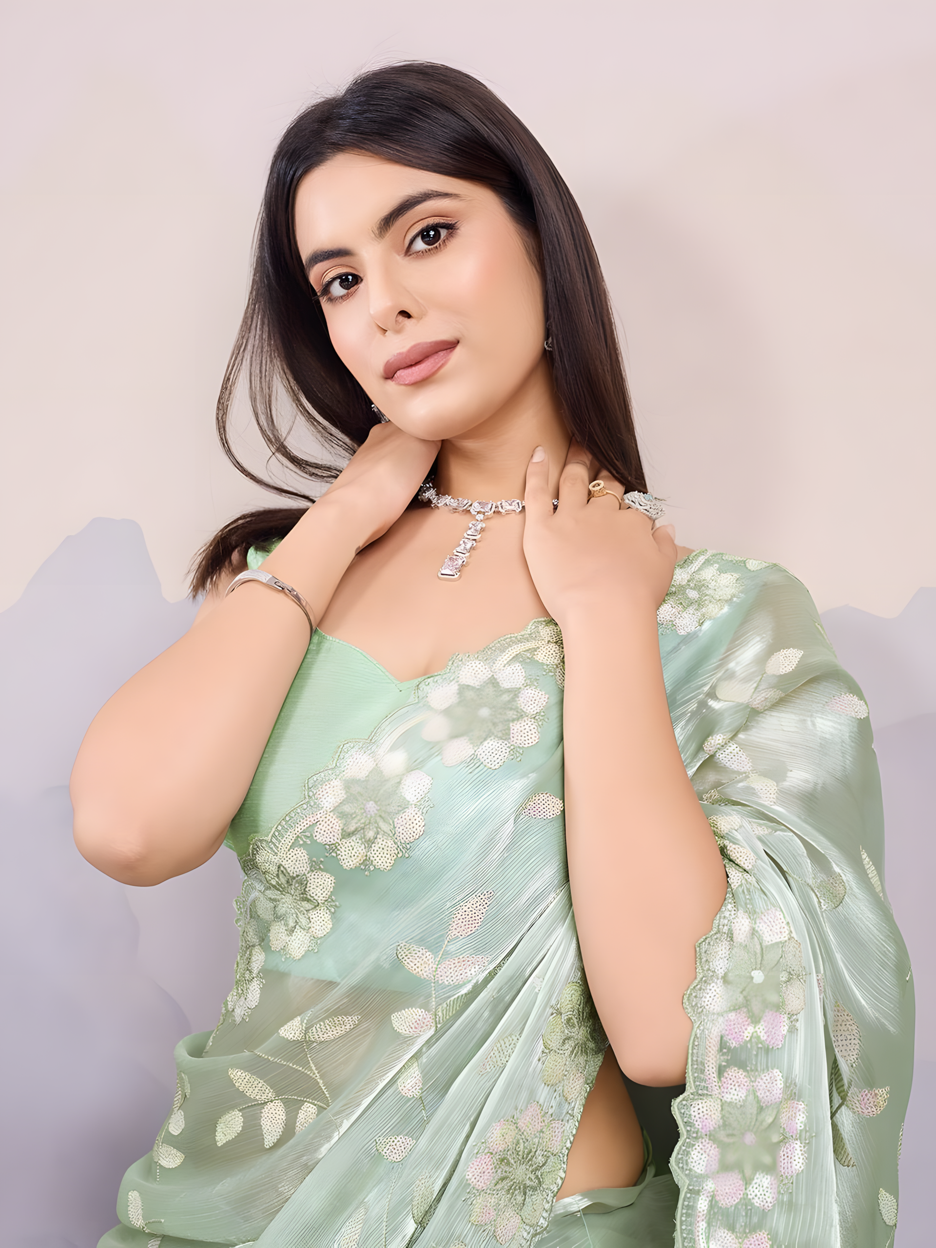 Pista Burberry Silk Saree with C Pallu Embroidery with sequins Work