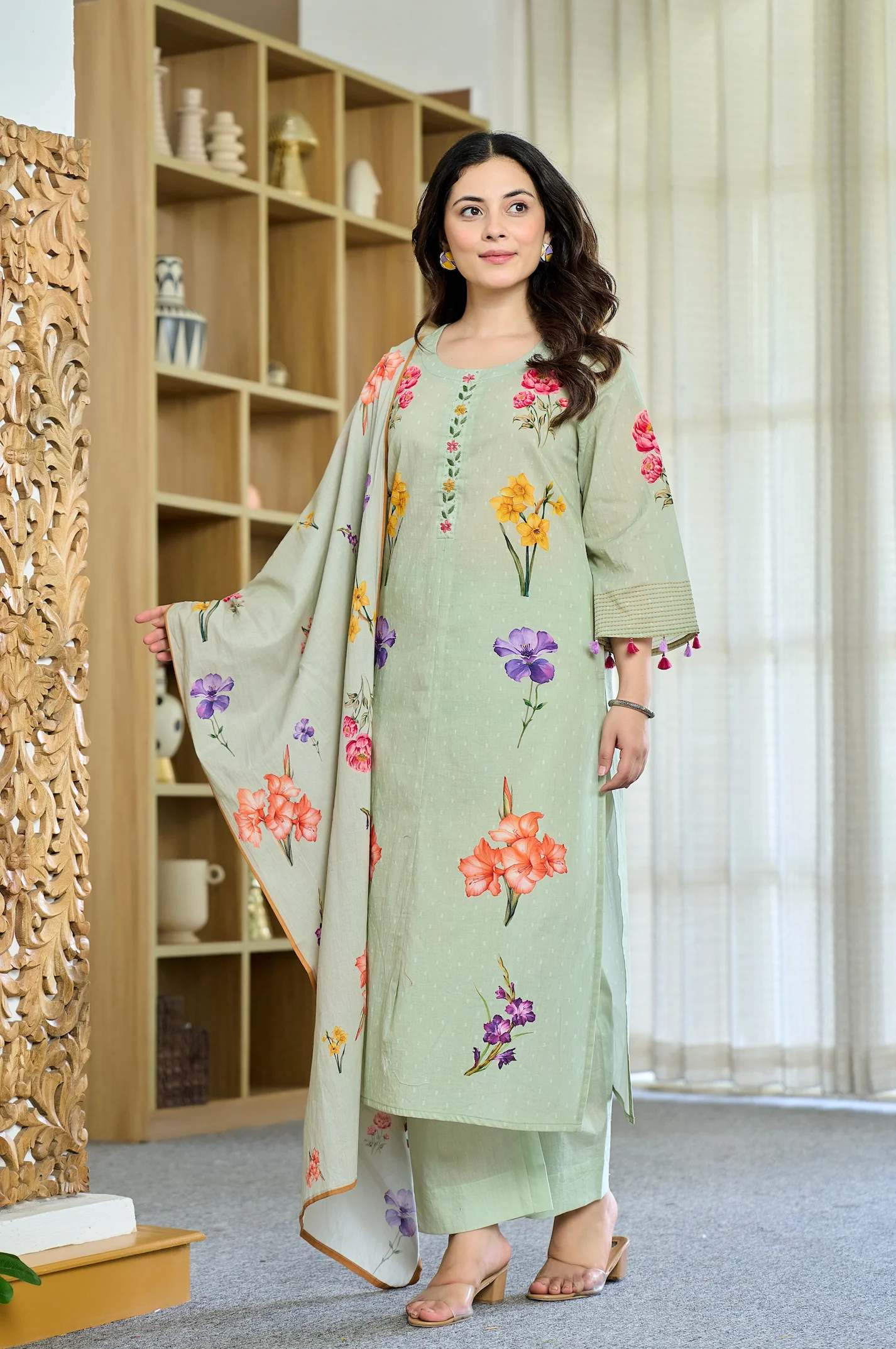 Pista Chanderi Butti Kurta Pant Set Printed