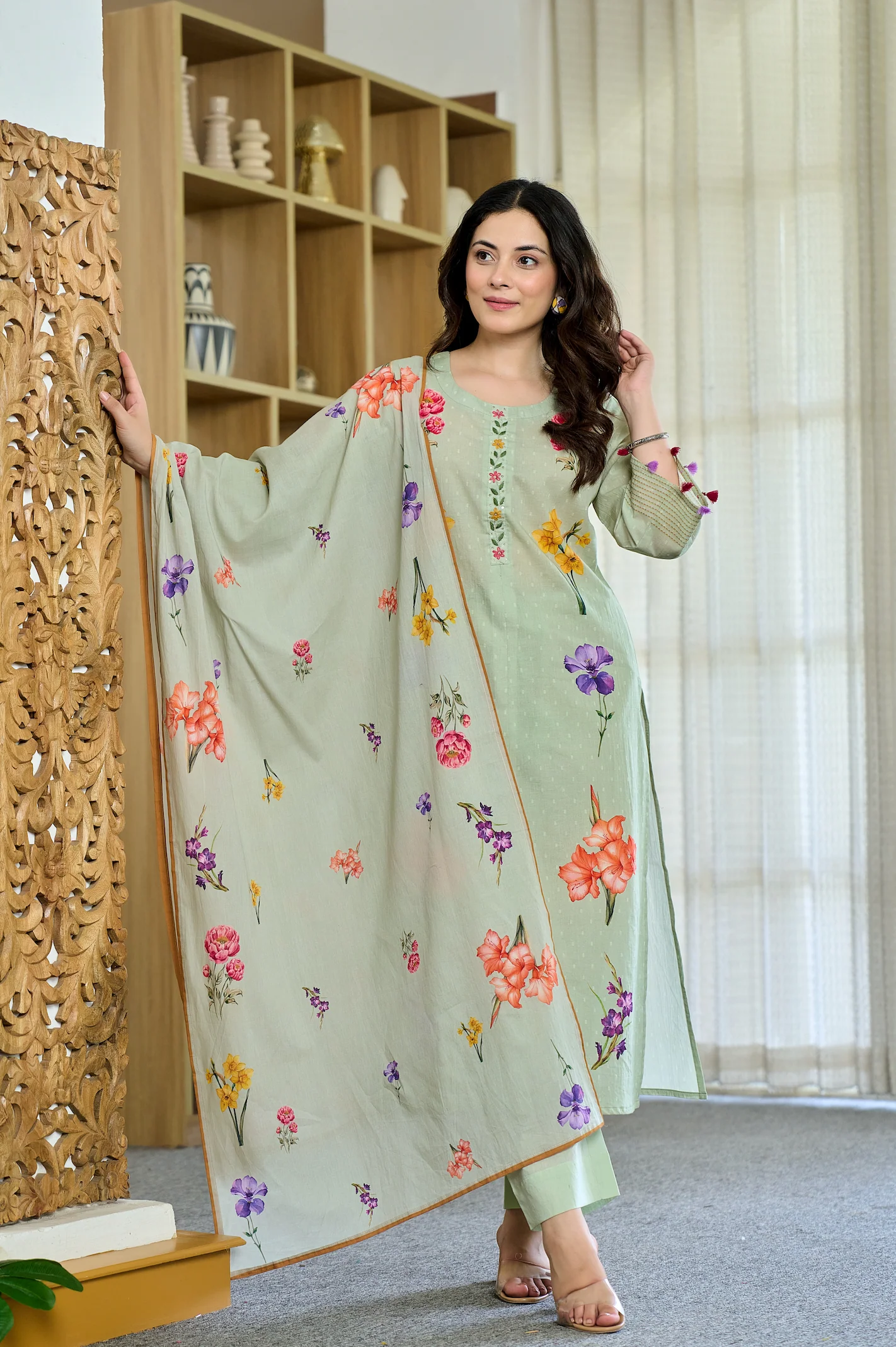 Pista Chanderi Butti Kurta Pant Set Printed