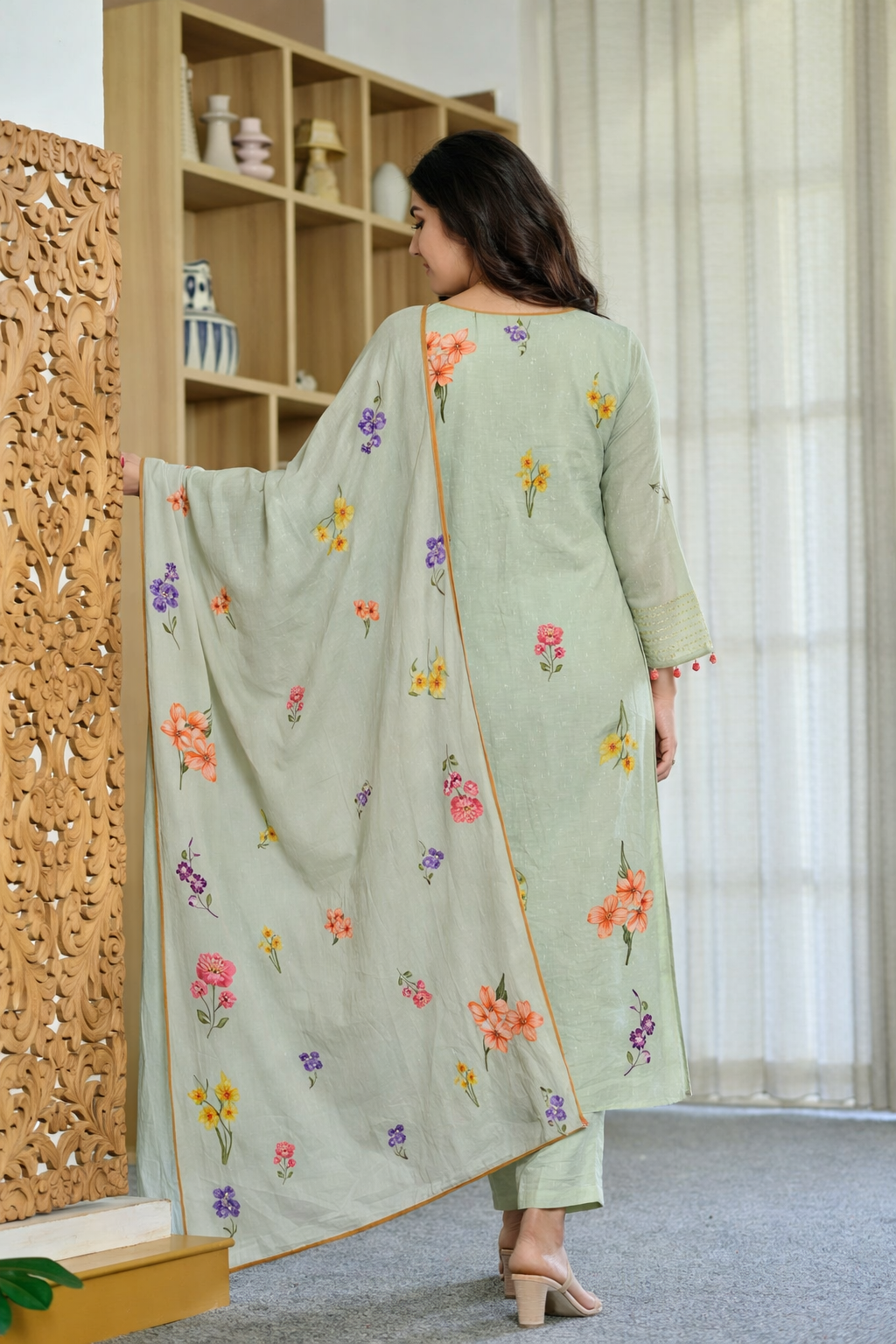 Pista Chanderi Butti Kurta Pant Set Printed