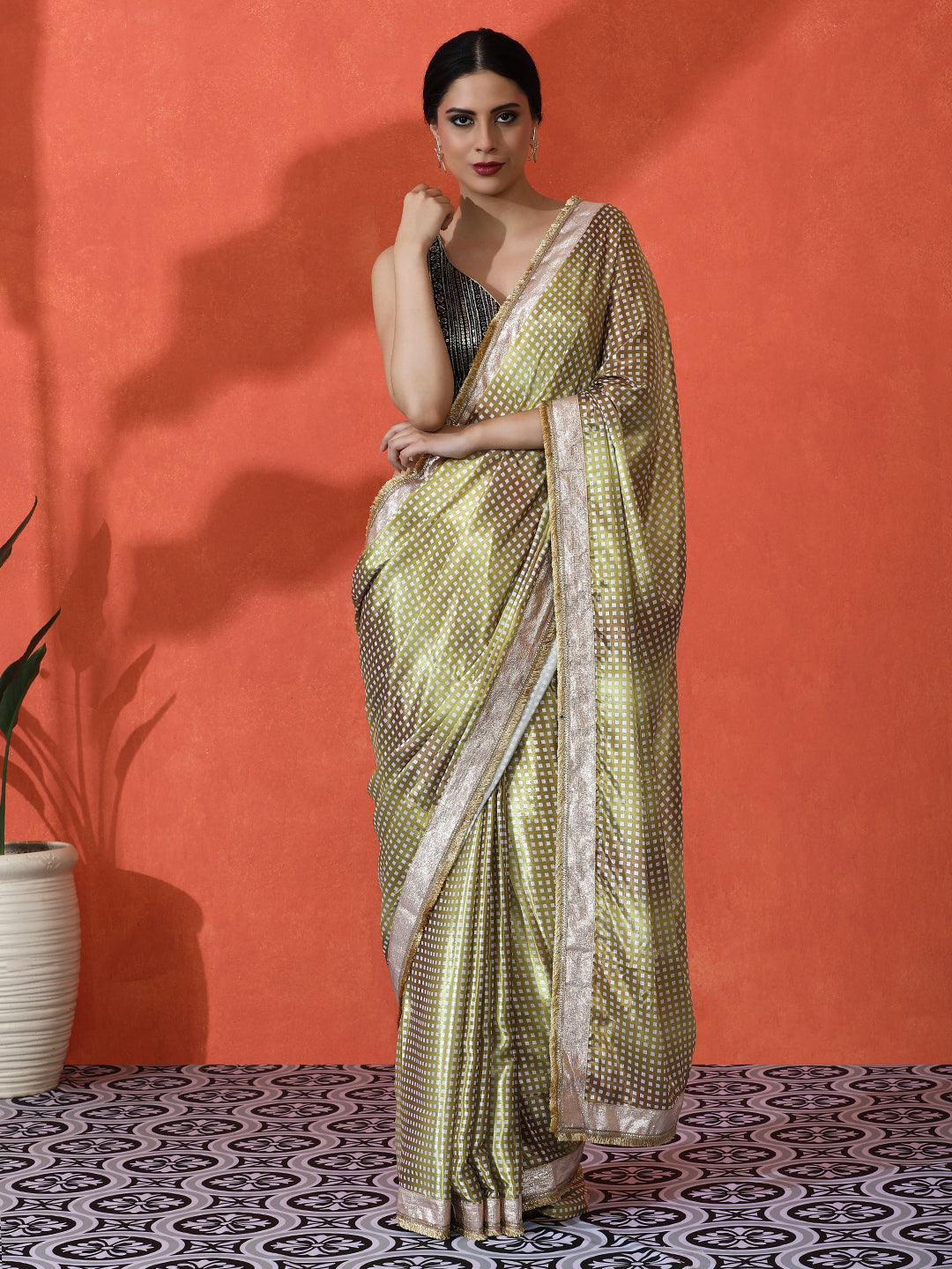 Pista Chinon Designer Digital Printed Saree For Ceremonial Looks
