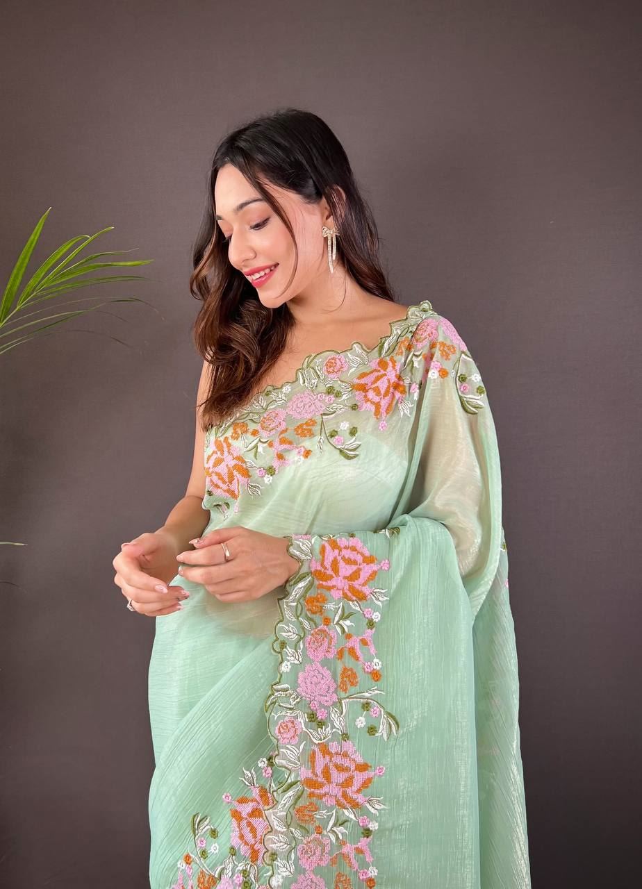 Pista Colour Soft Glossy Silk Heavy Embroidery Work Saree