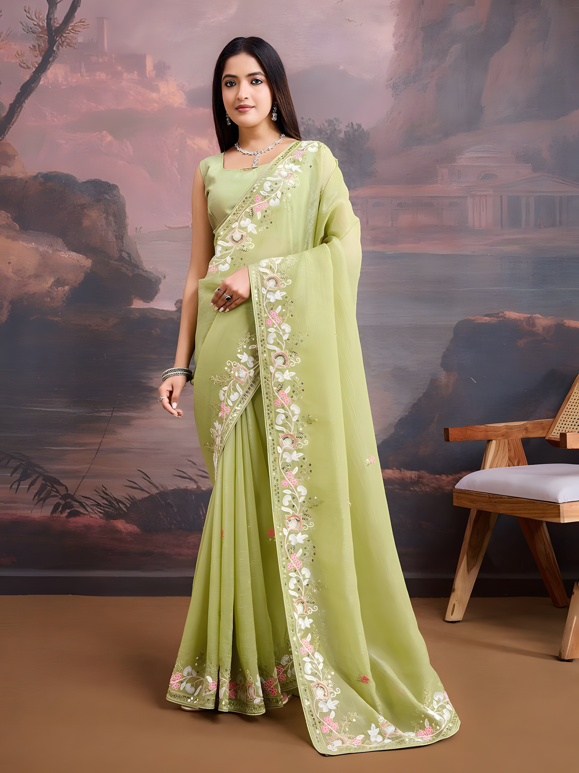 Pista Curnchy Soft Organza Saree with C Pallu Embroidery work border