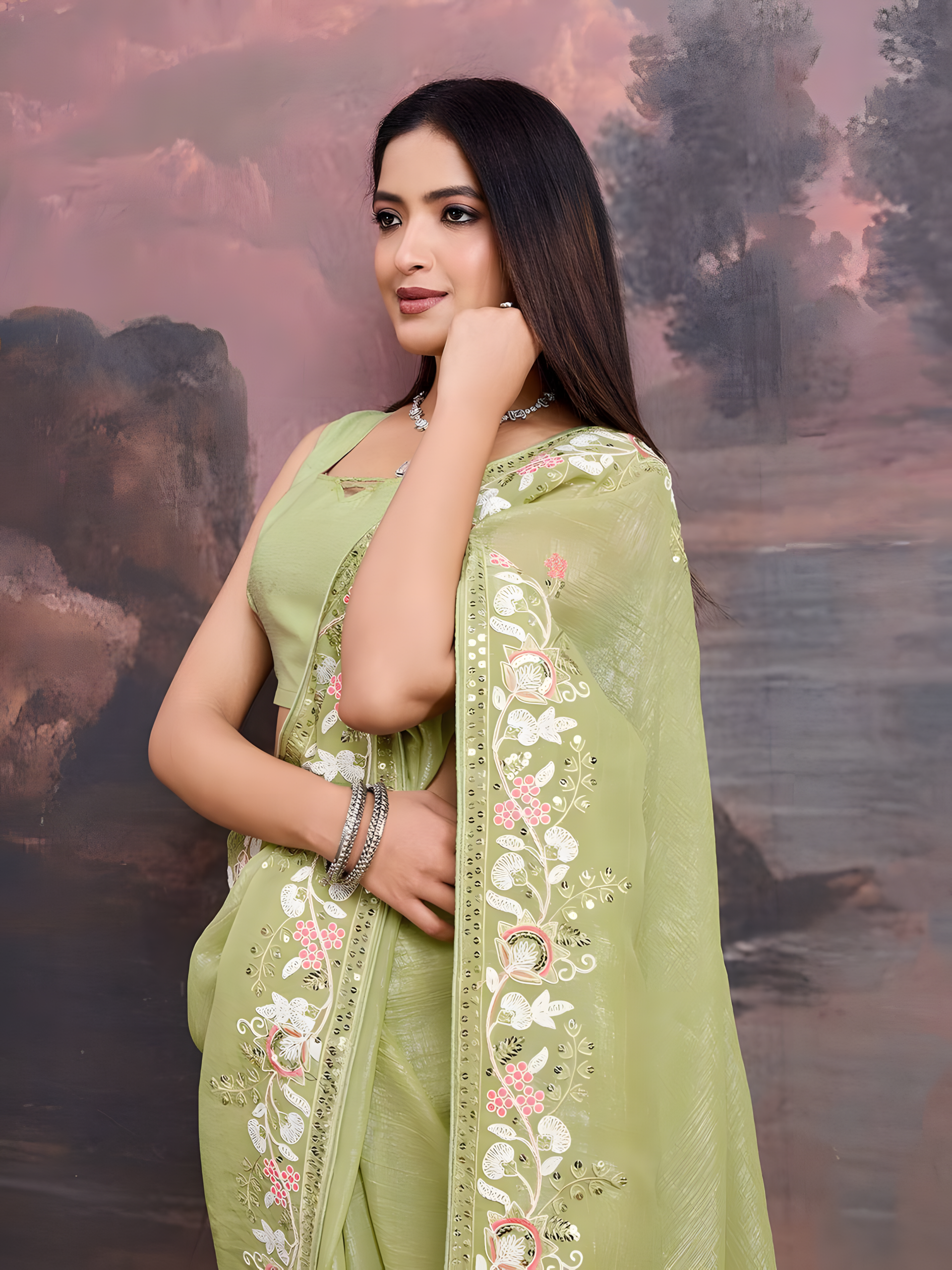 Pista Curnchy Soft Organza Saree with C Pallu Embroidery work border