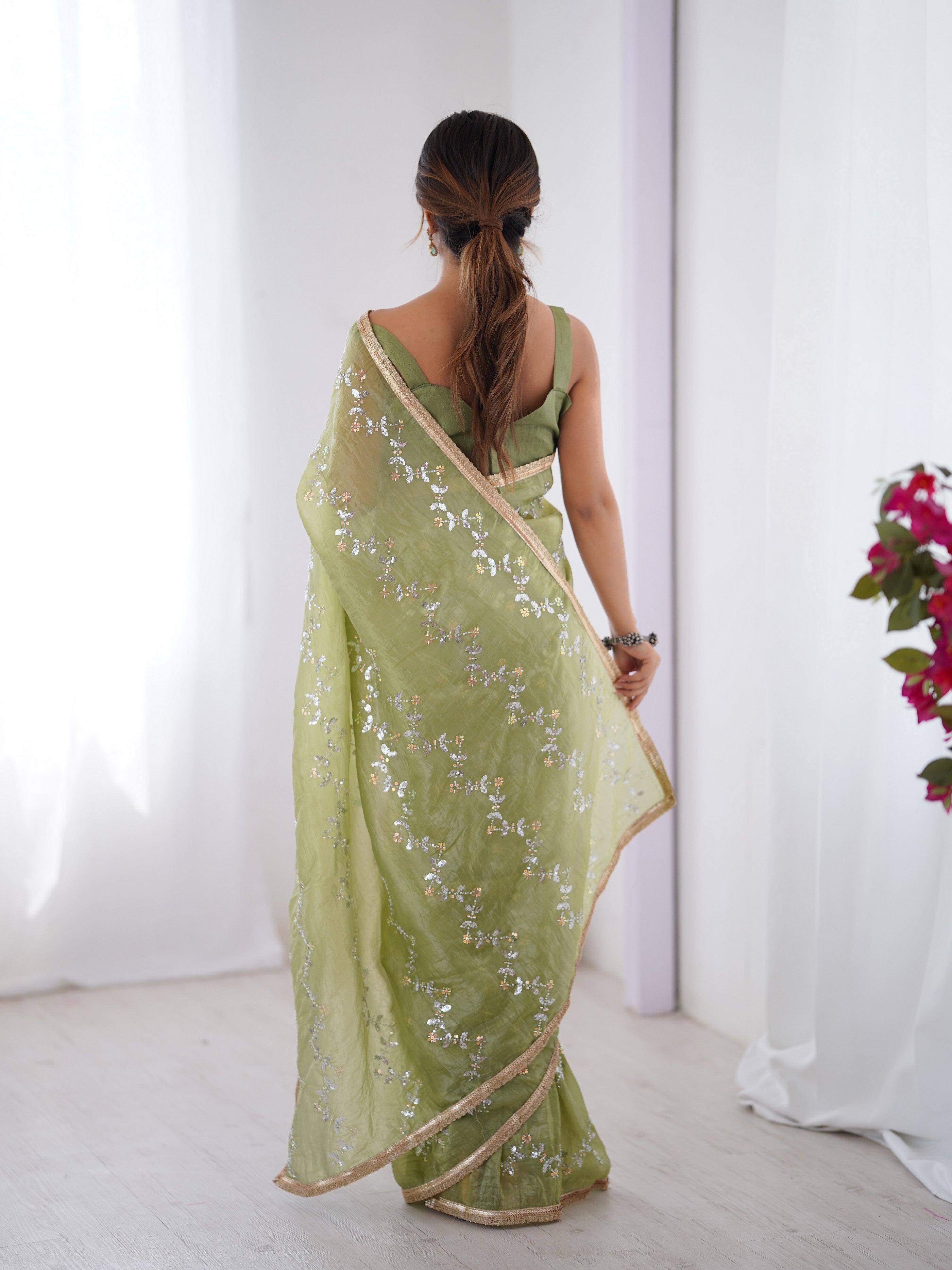 Pista Gold Crush Designer Sequins And Mofis Work Saree