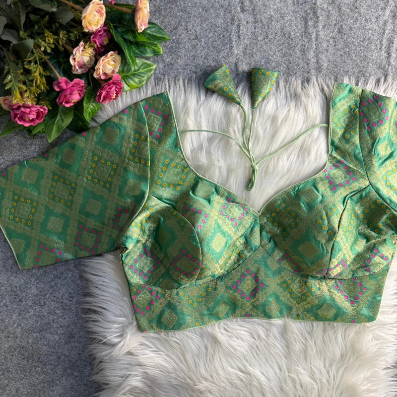 Pista Green Banarasi Jacquard Patola Designer Blouse Silk Partywear Readymade Blouse