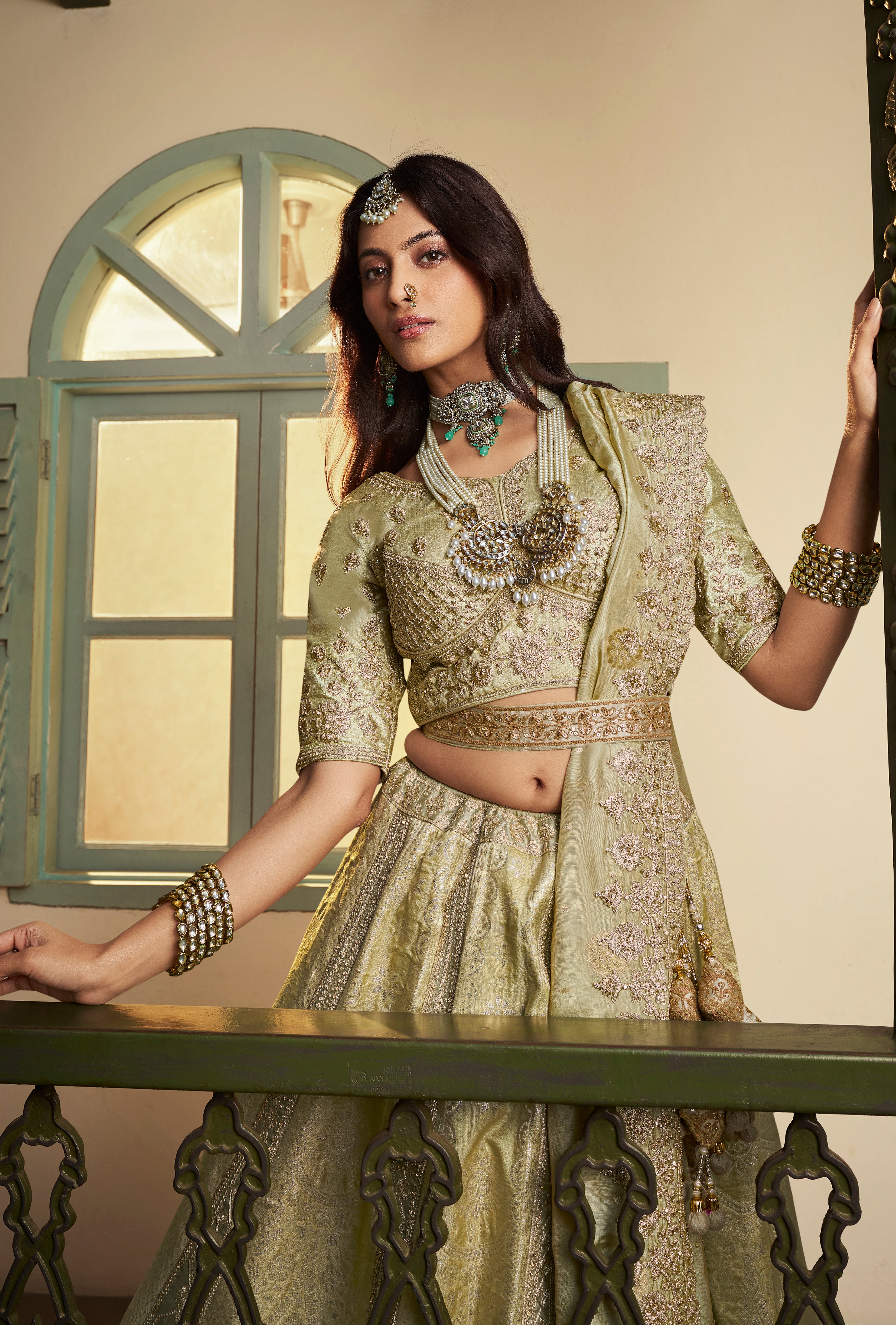 Pista Green Banarasi Premium Silk Lehenga Choli With Heavy Thread Embroidery, Sequence, Swarovski ,Stone With Zari, Khatli Weaving Work