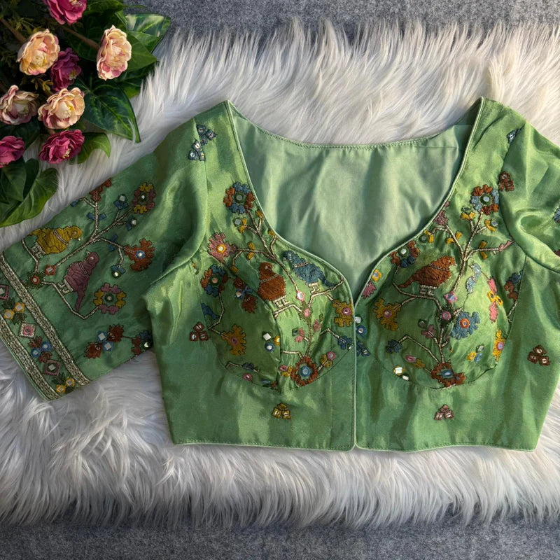 Pista Green Bird Motif Mirror Work Blouse Cosmos Silk Designer Partywear