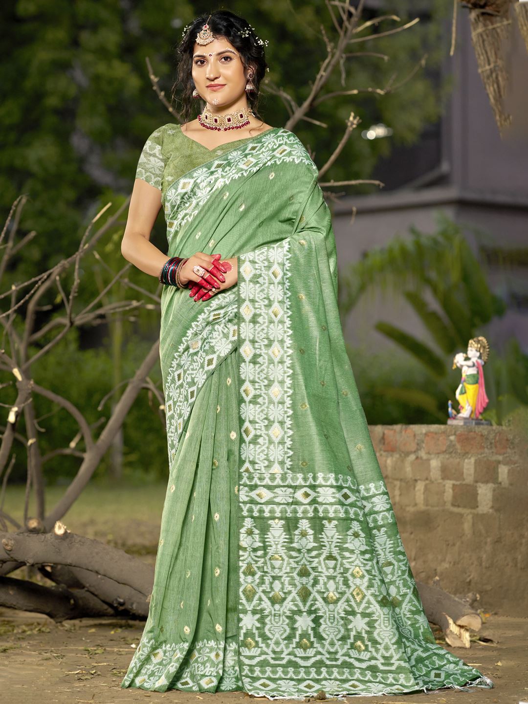 Pista Green Blended Linen Cotton Saree