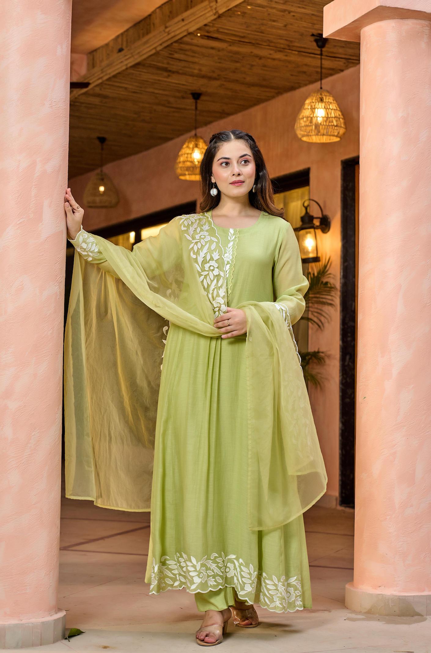 Pista Green Chanderi Silk Kurta Pant Set With Heavy Thread Embroidery Work