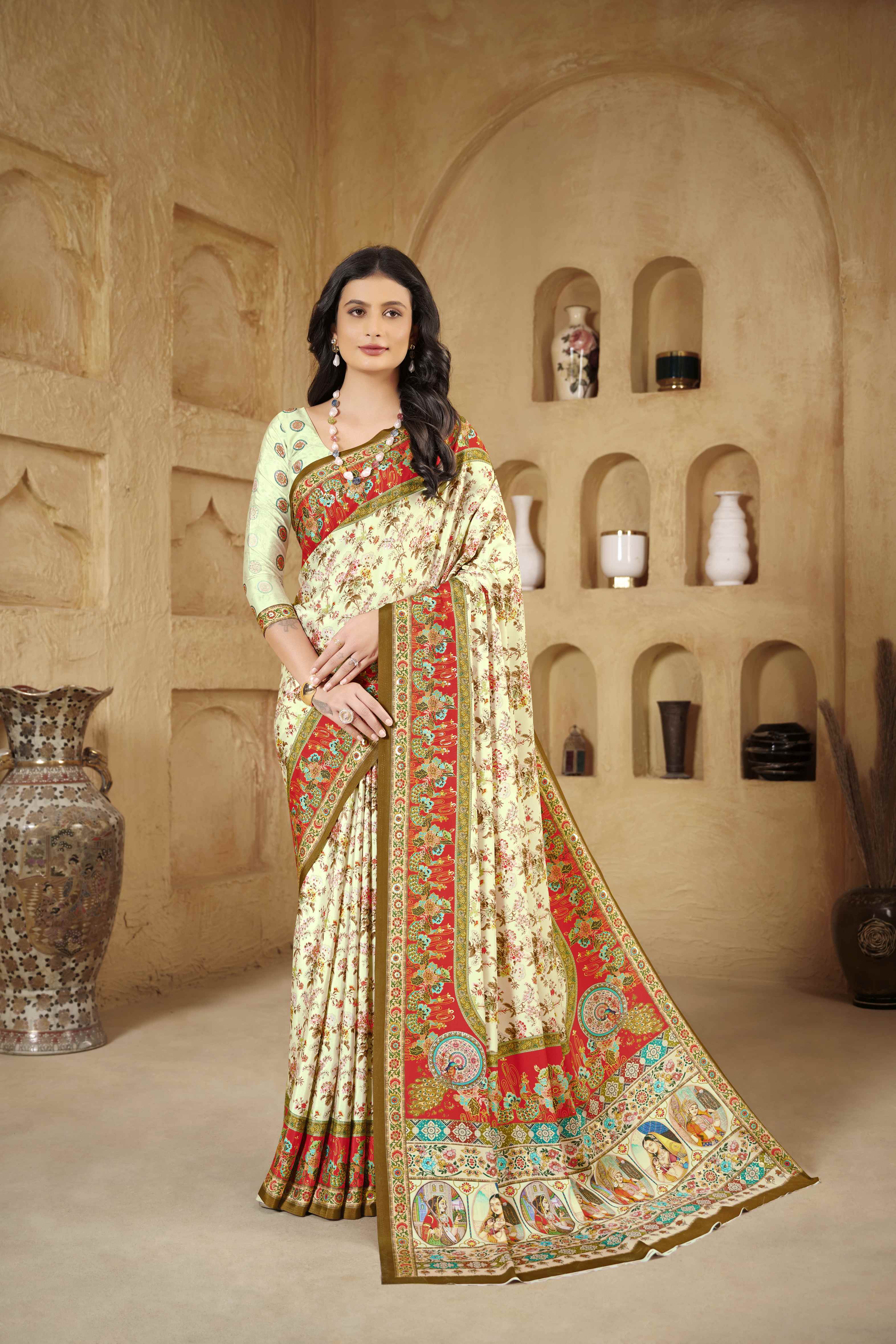 Pista Green Designer Position Digital Foil Printed Crepe Silk Ethnic Festive Saree