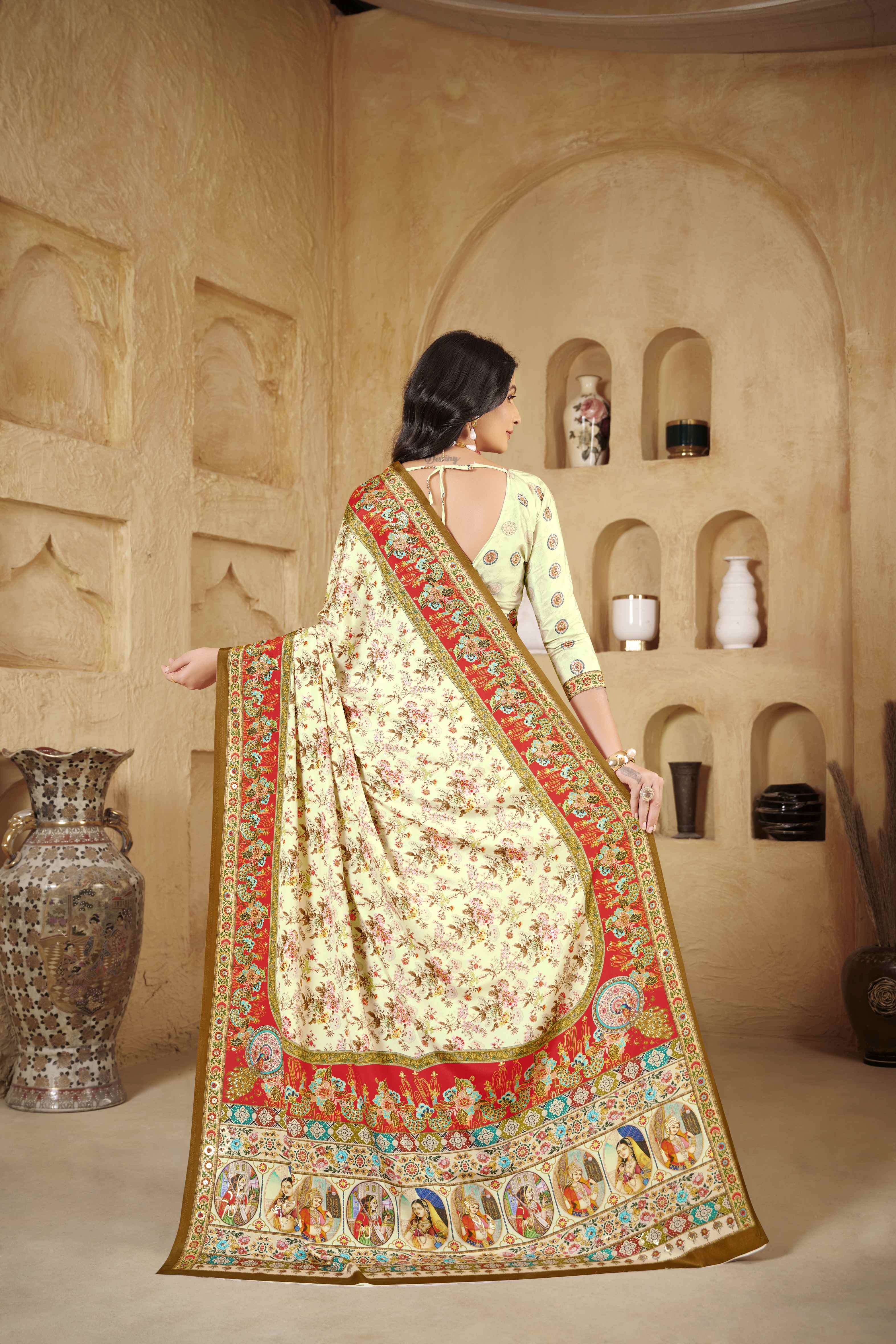 Pista Green Designer Position Digital Foil Printed Crepe Silk Ethnic Festive Saree