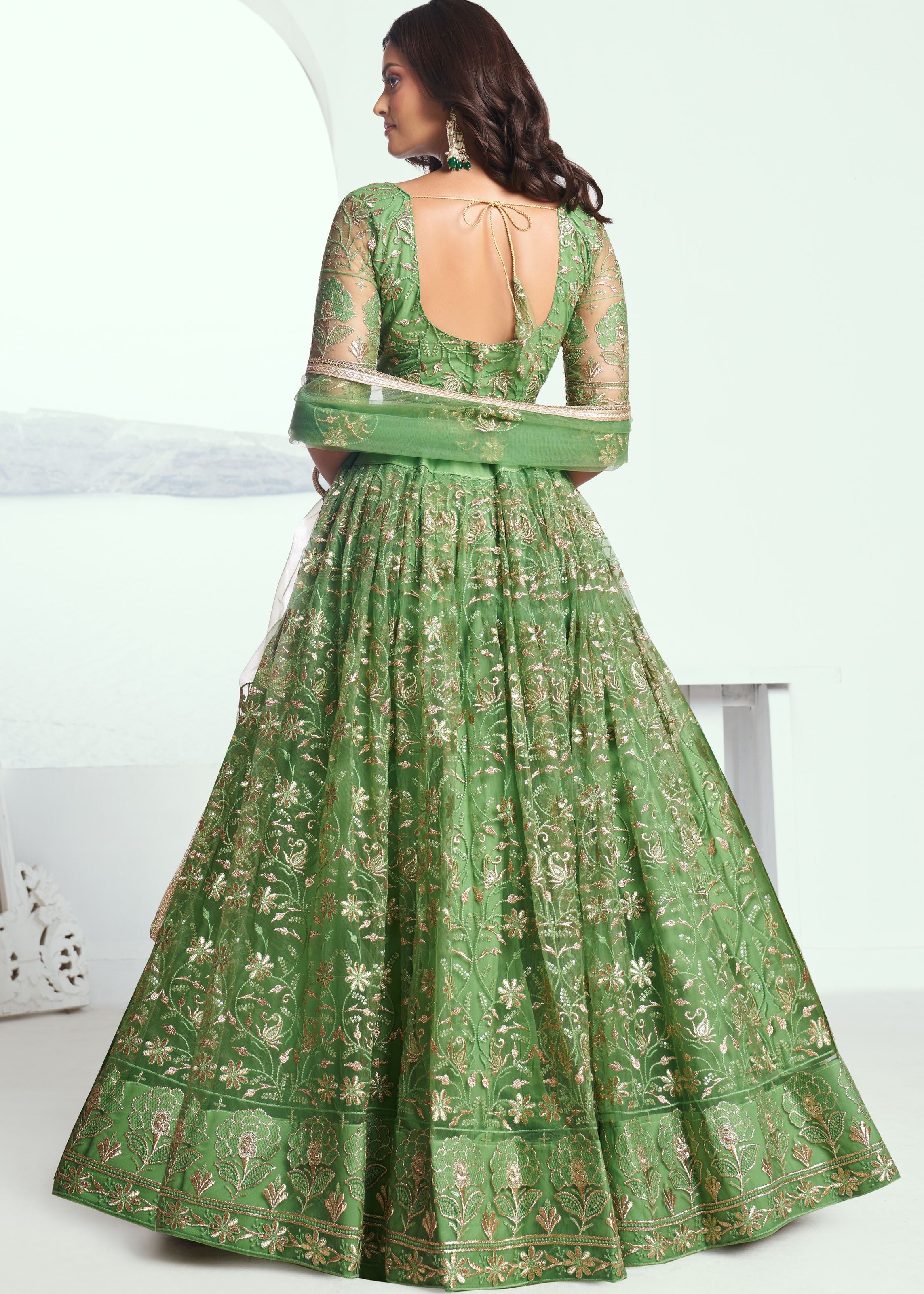Pista Green Lehenga with Heavy Thread Embroidery Sequins Work