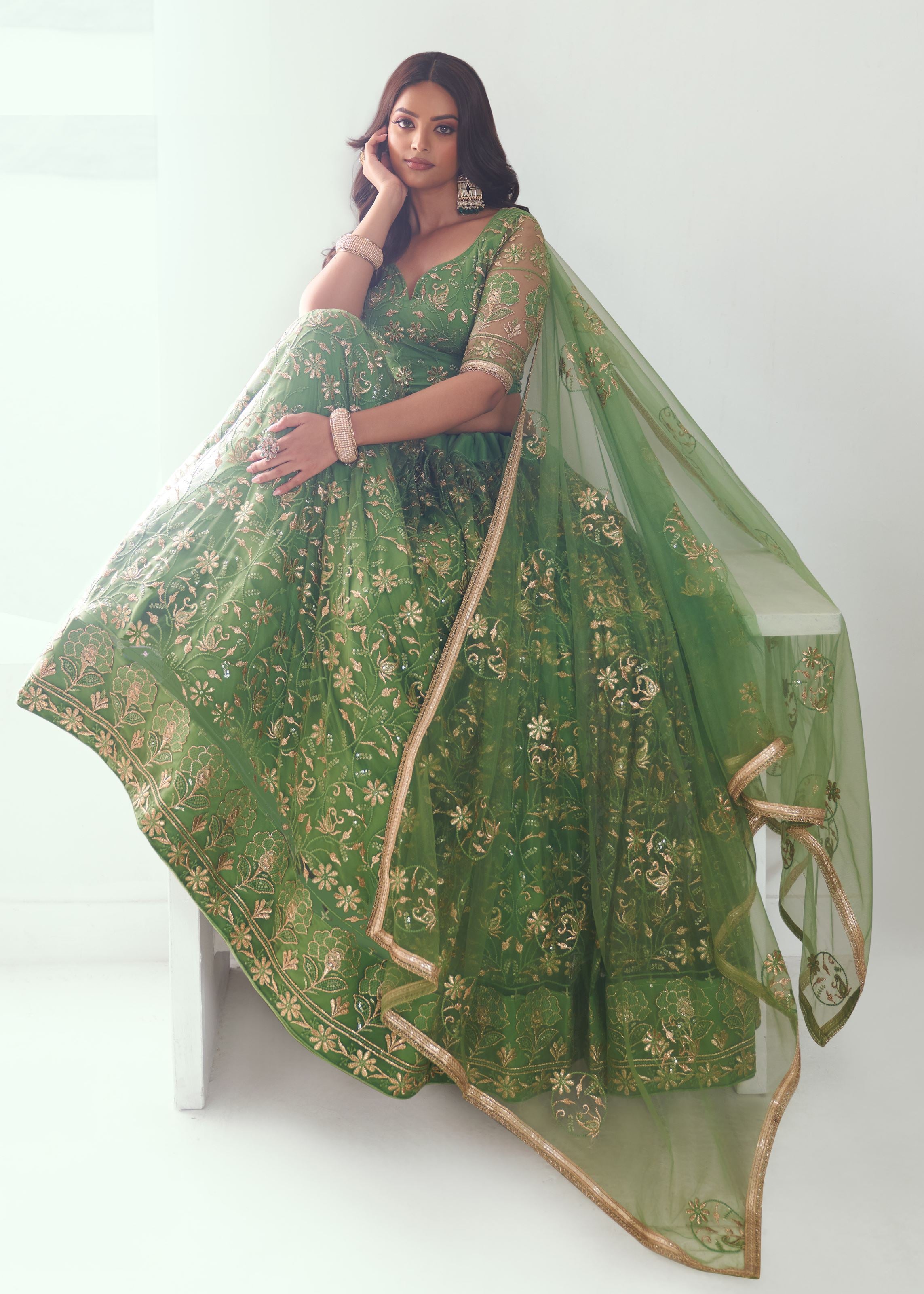 Pista Green Lehenga with Heavy Thread Embroidery Sequins Work
