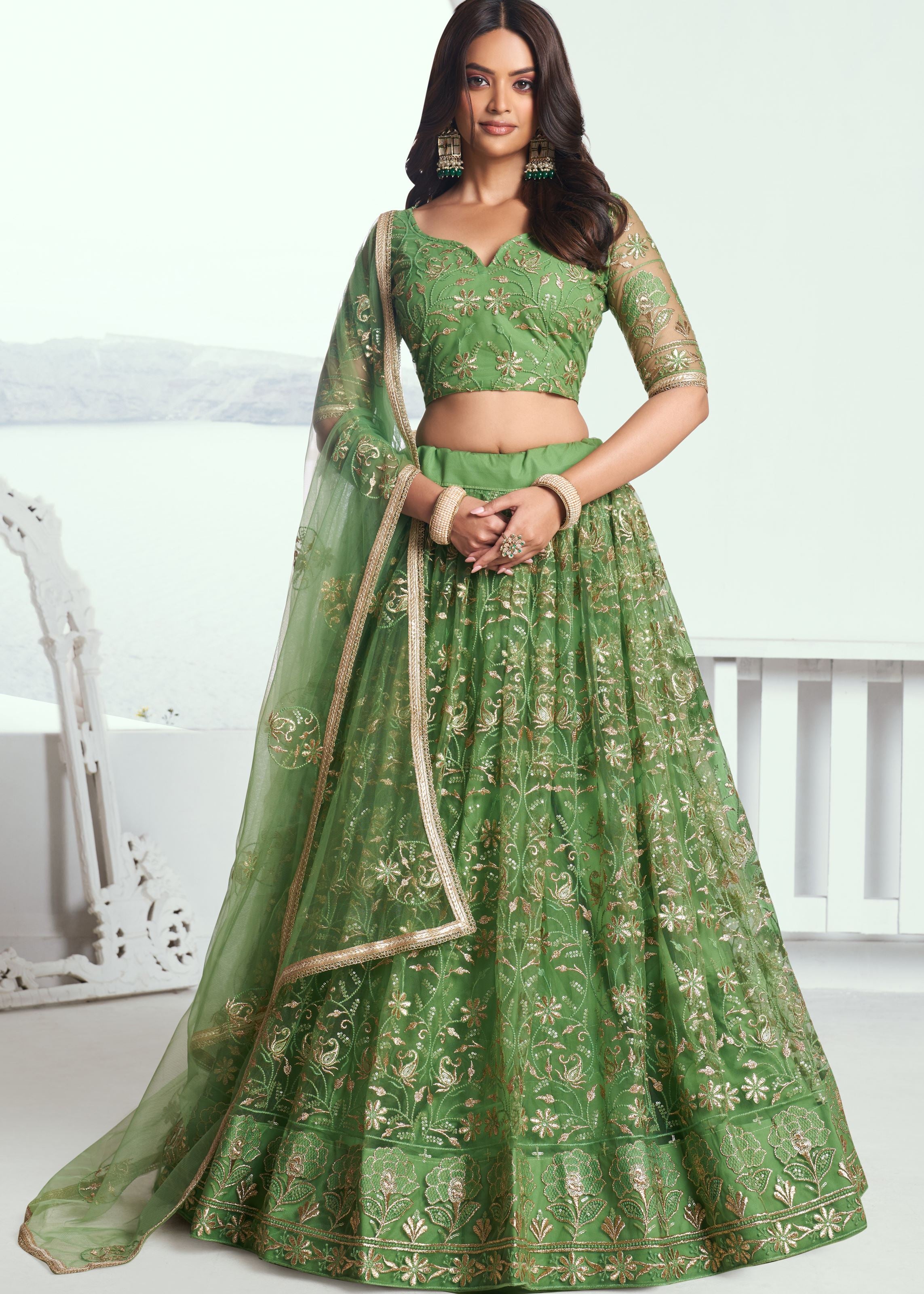 Pista Green Lehenga with Heavy Thread Embroidery Sequins Work