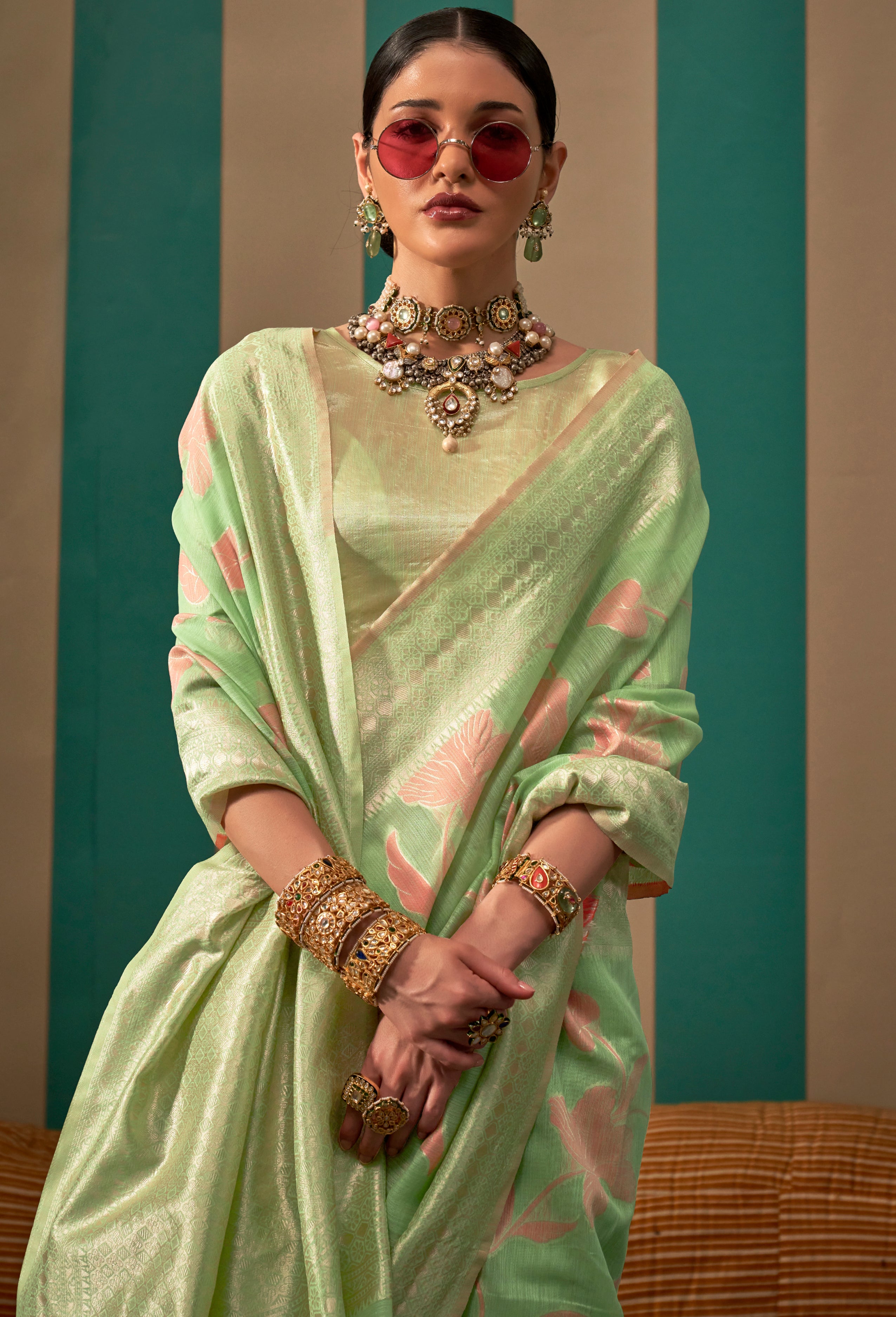 Pista Green Linen Saree With Jacquard Woven Work