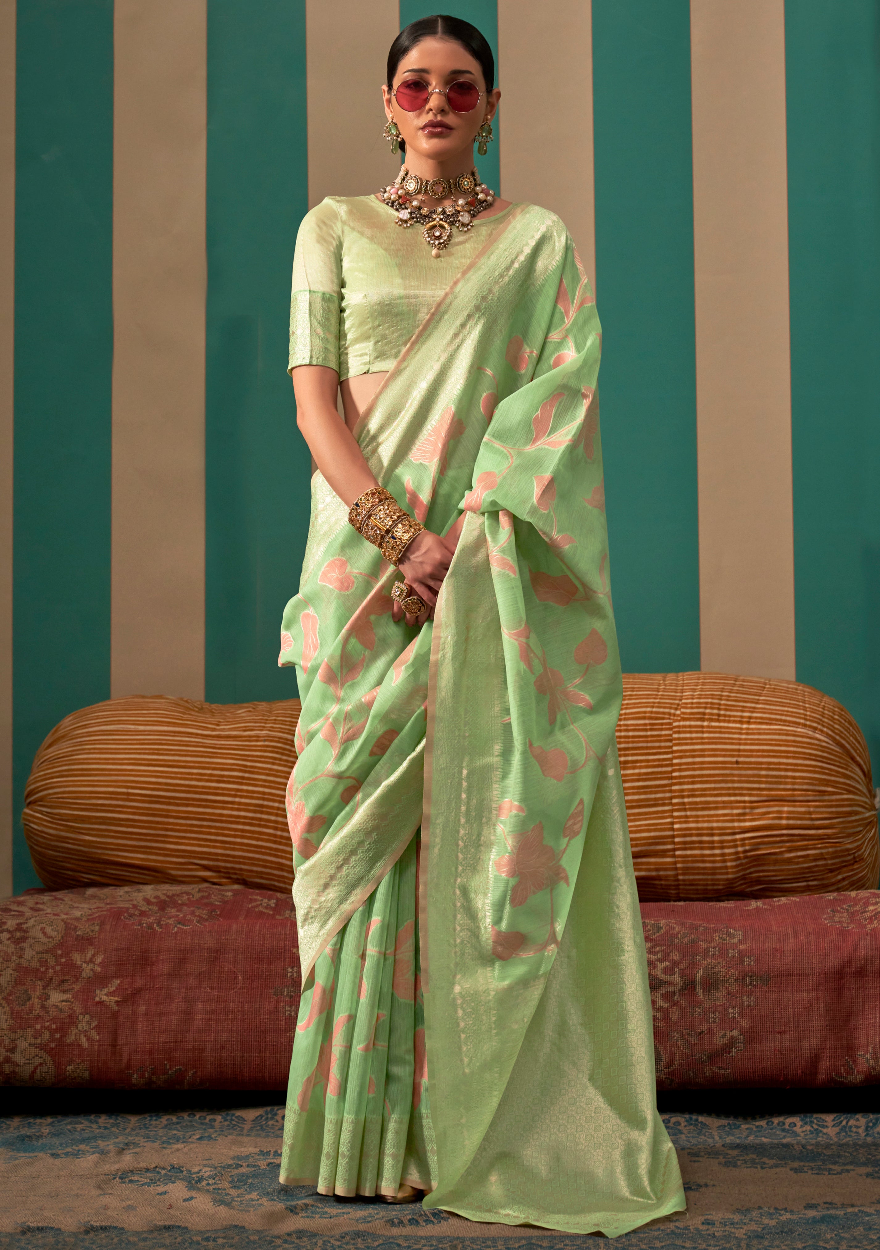 Pista Green Linen Saree With Jacquard Woven Work