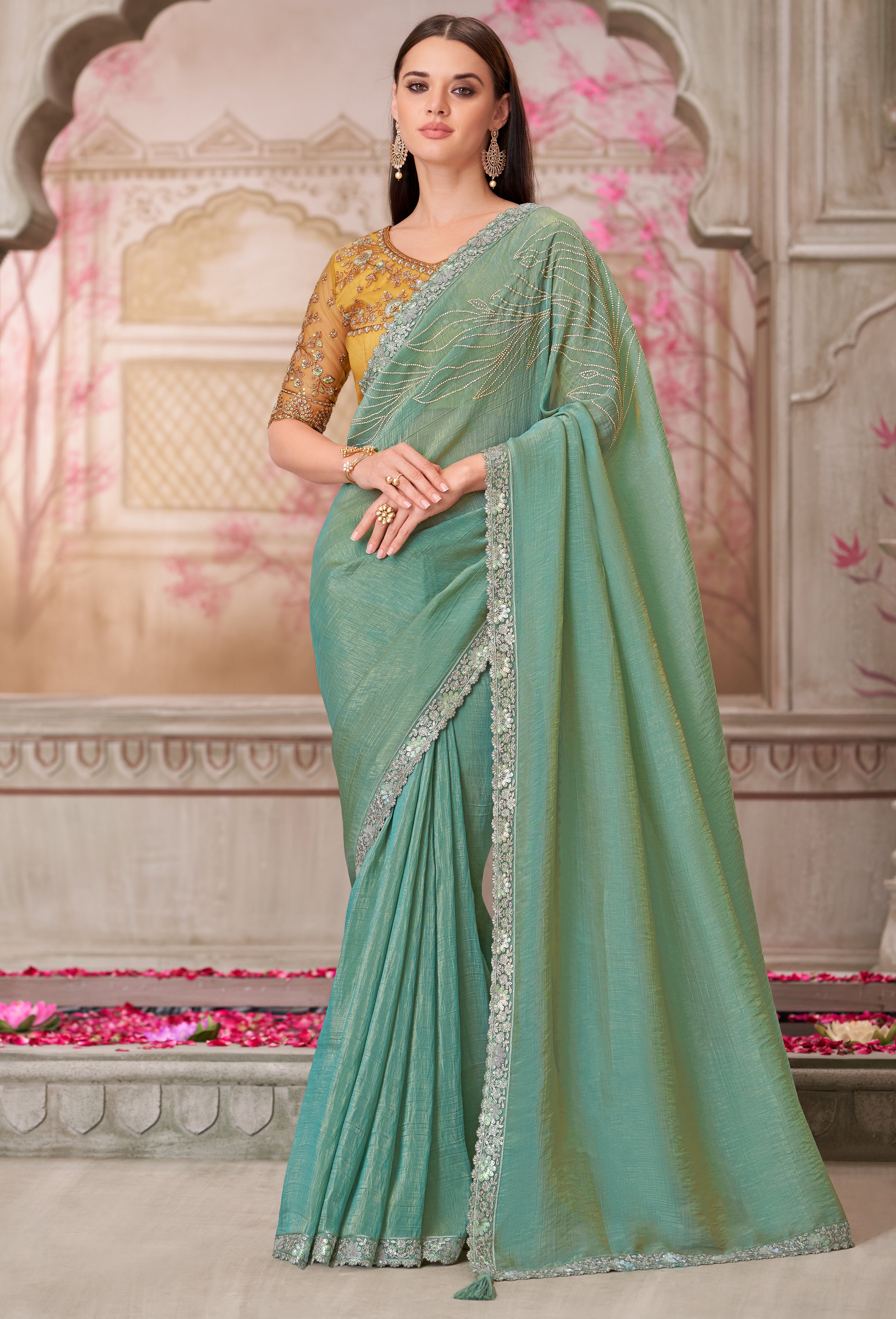 Pista Green Saree With Heavy Thread Embroidery, Stone Sequins Border Work With Embroidery Blouse