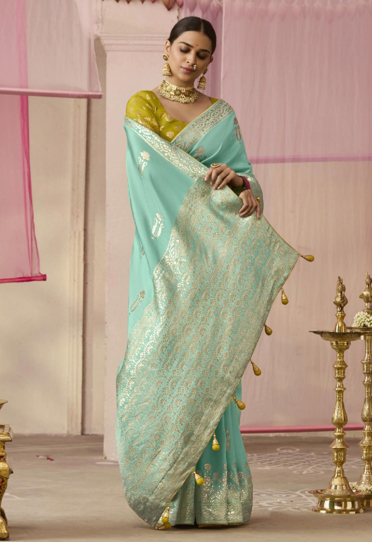 Pista Green Saree With Jacquard Woven Work