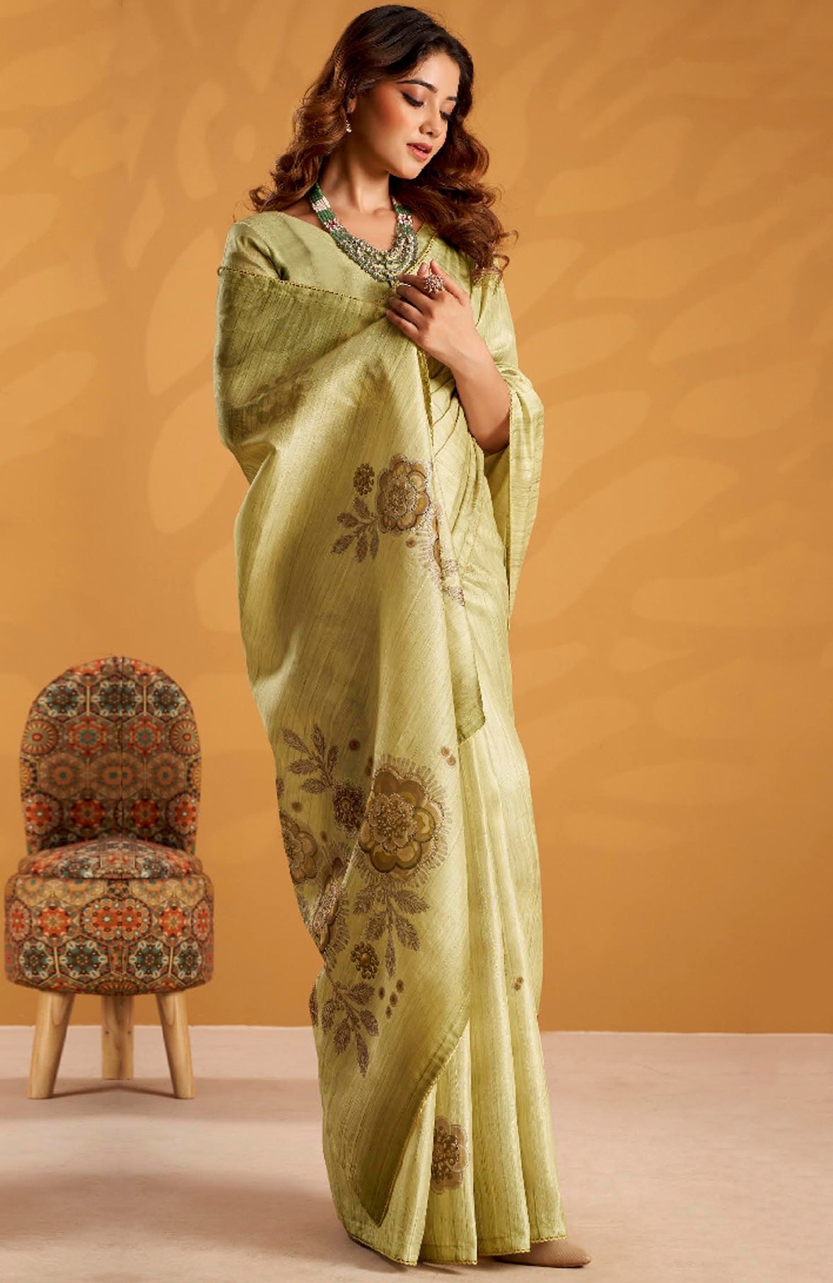 Pista Green Saree With Printed With Kasheeda work