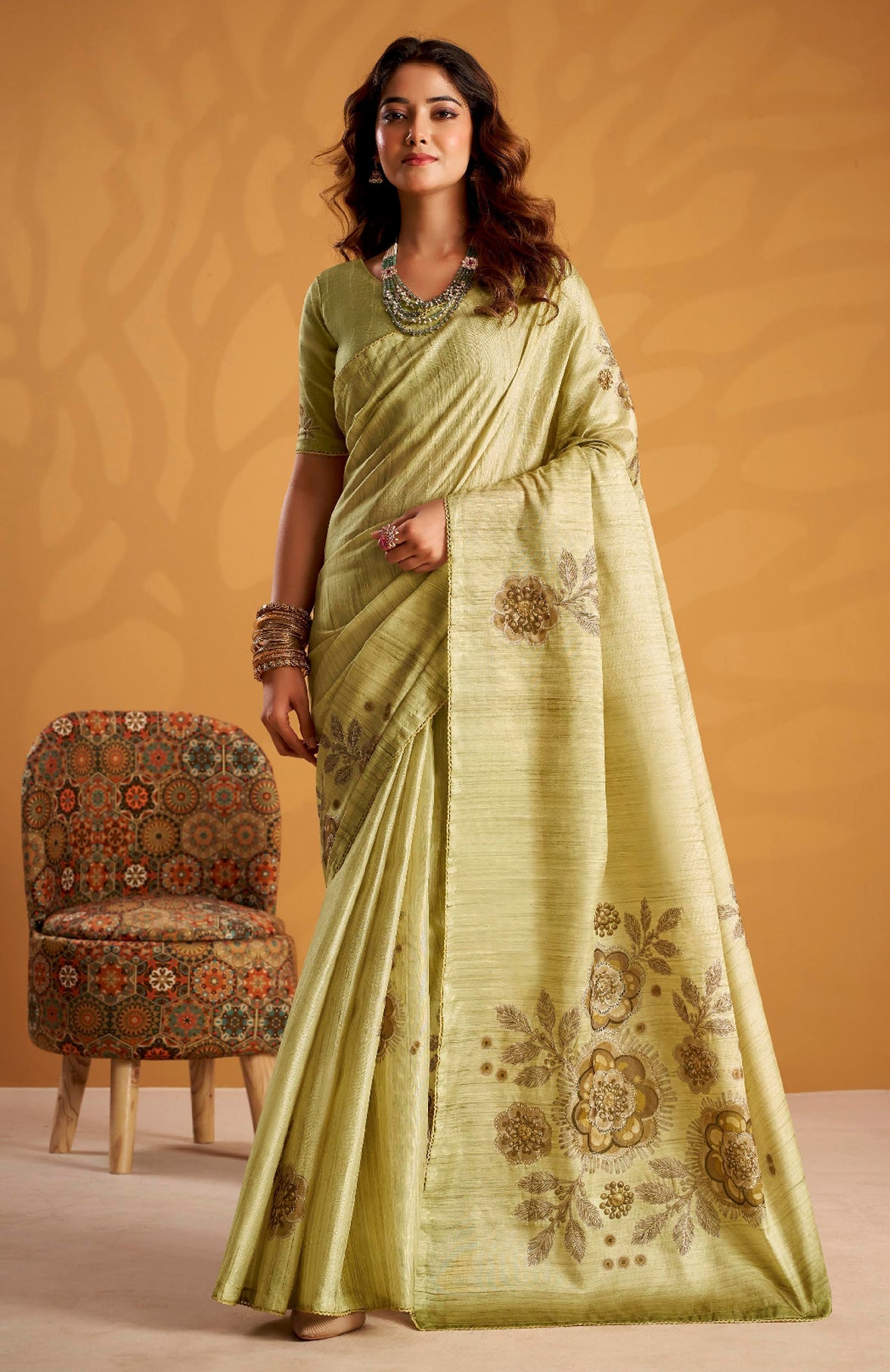 Pista Green Saree With Printed With Kasheeda work