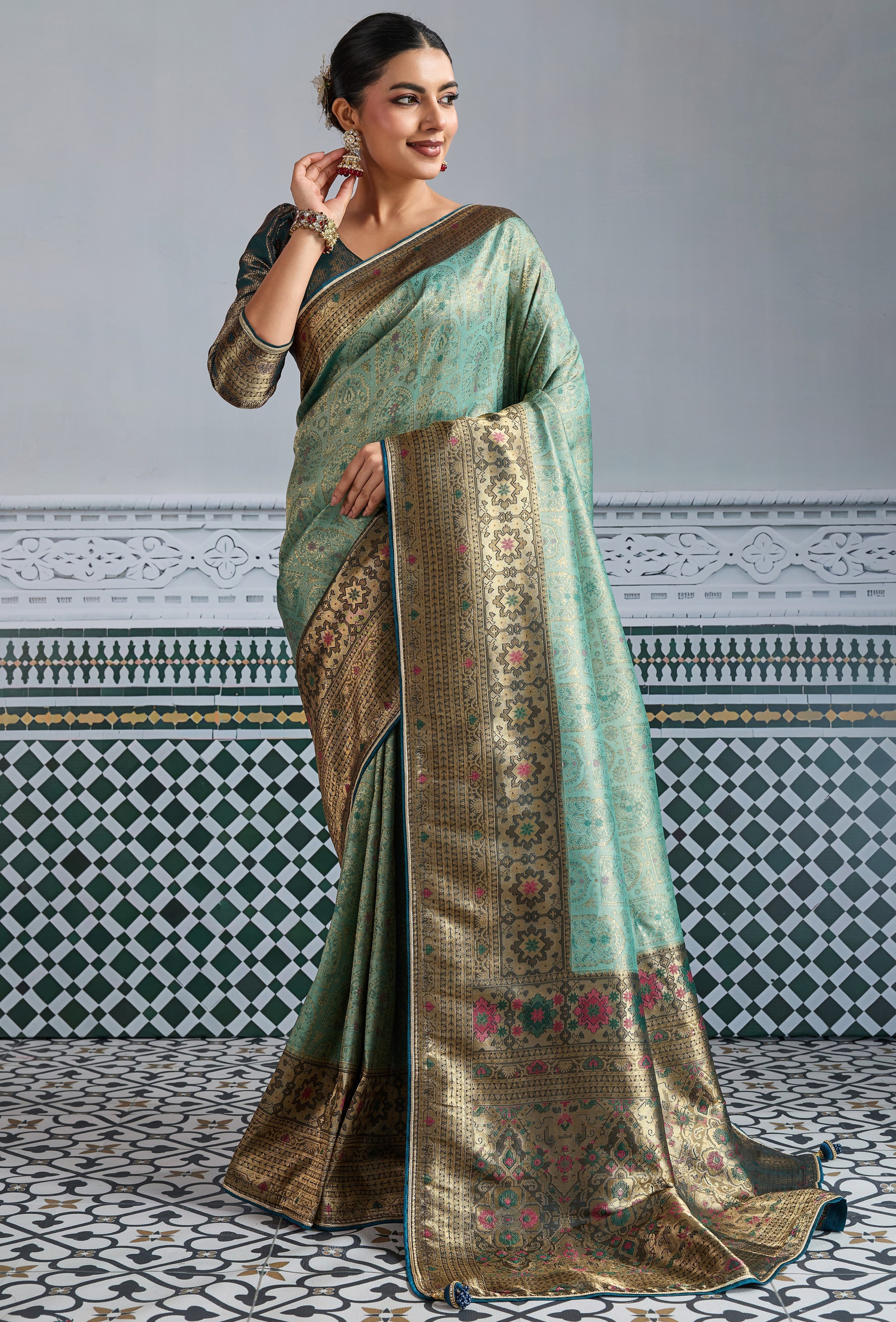Pista Green Saree With Zari Meenakari Woven all over the saree With Broad & Intricate Patta, Exquisite Grand Pallu