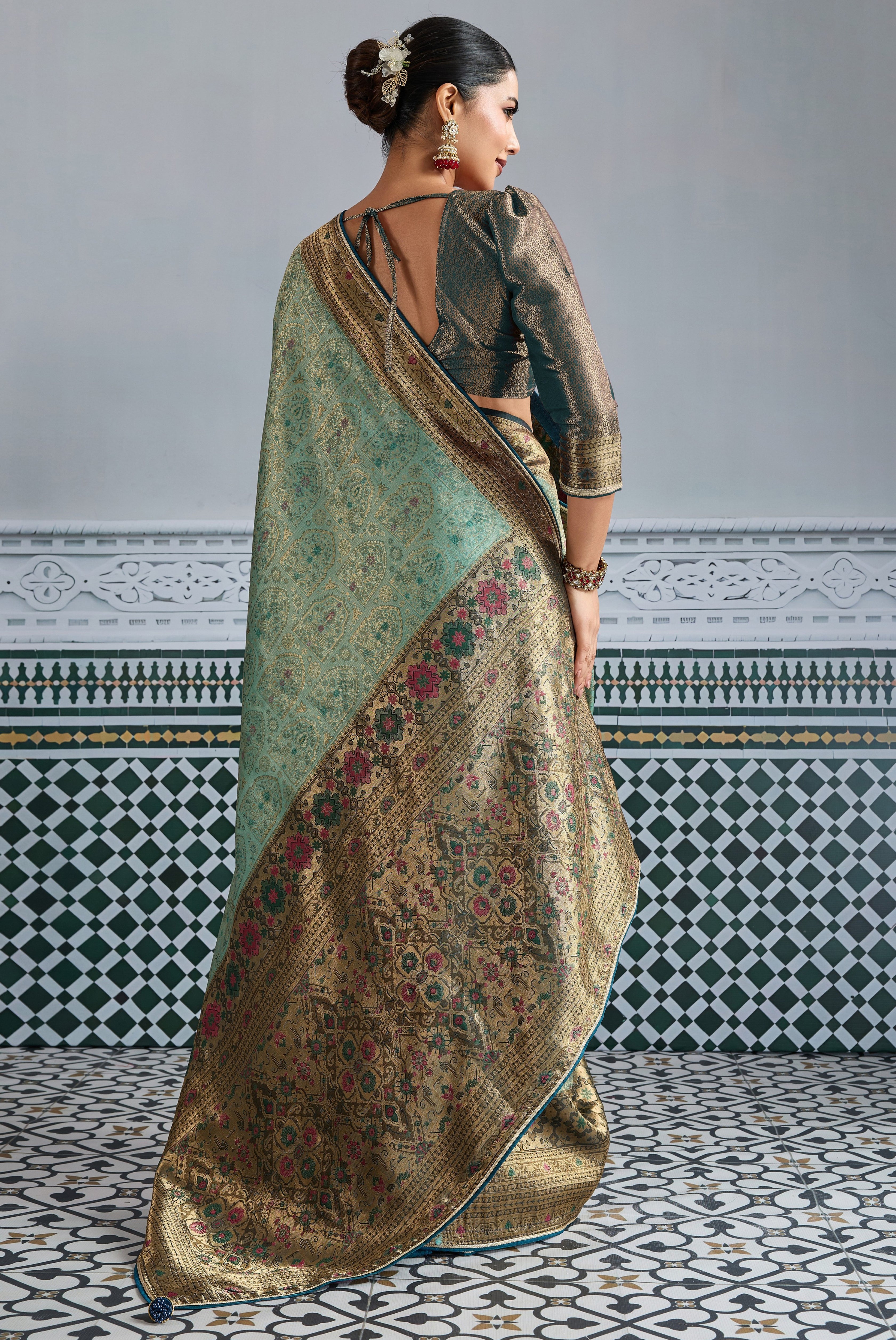 Pista Green Saree With Zari Meenakari Woven all over the saree With Broad & Intricate Patta, Exquisite Grand Pallu