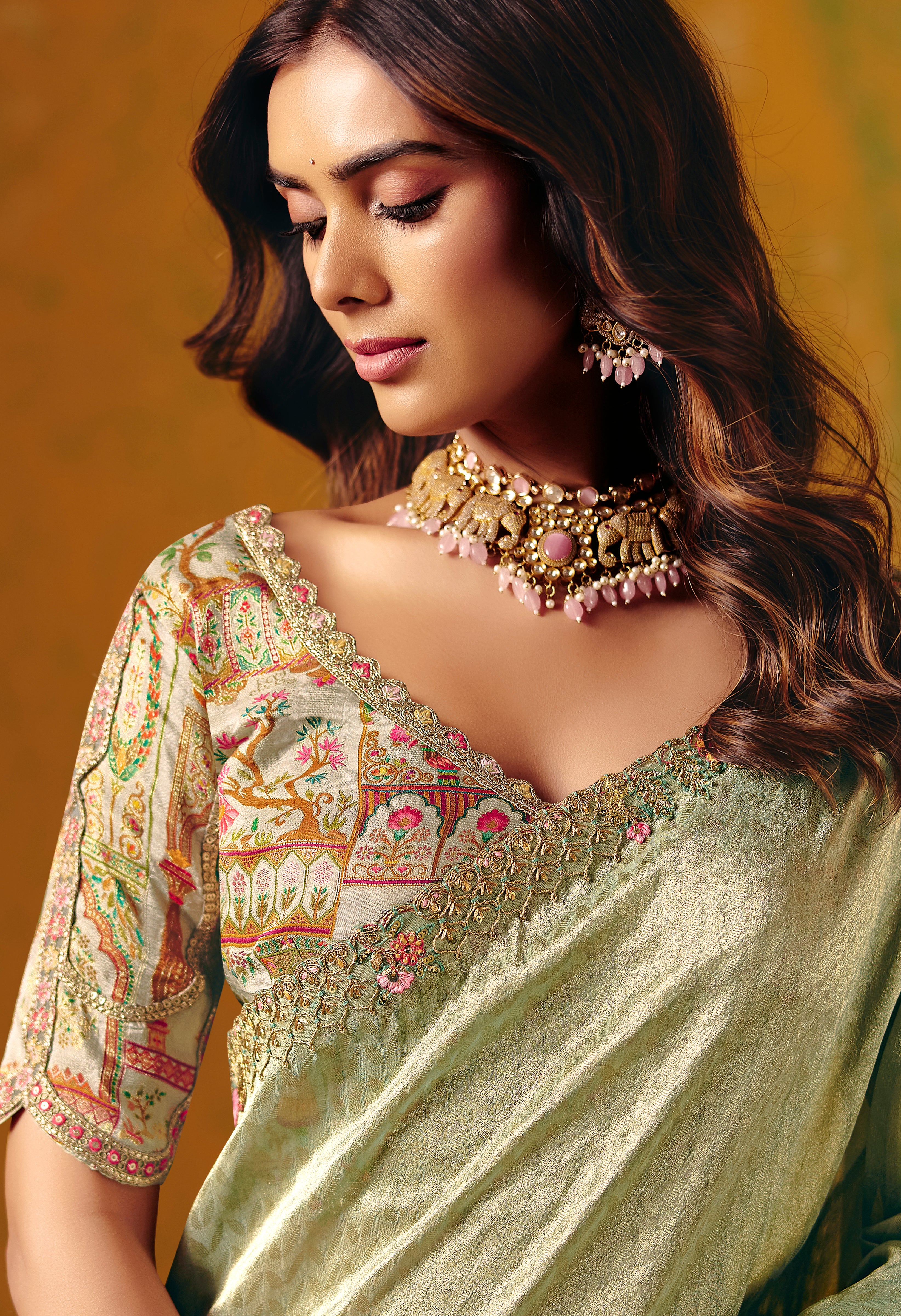 Pista Green Saree With Zari Weaving With Fancy Work Border