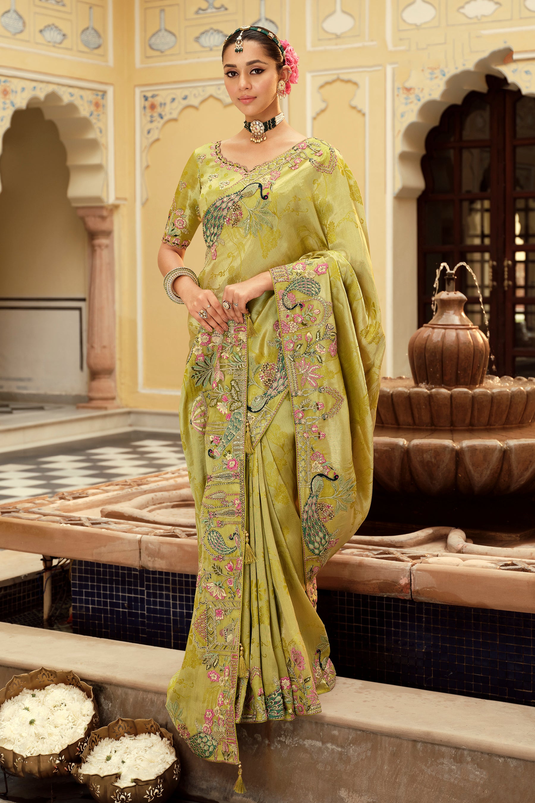 Pista Green Saree With Zari weaving With Heavy Thread Embroidery With khatli work